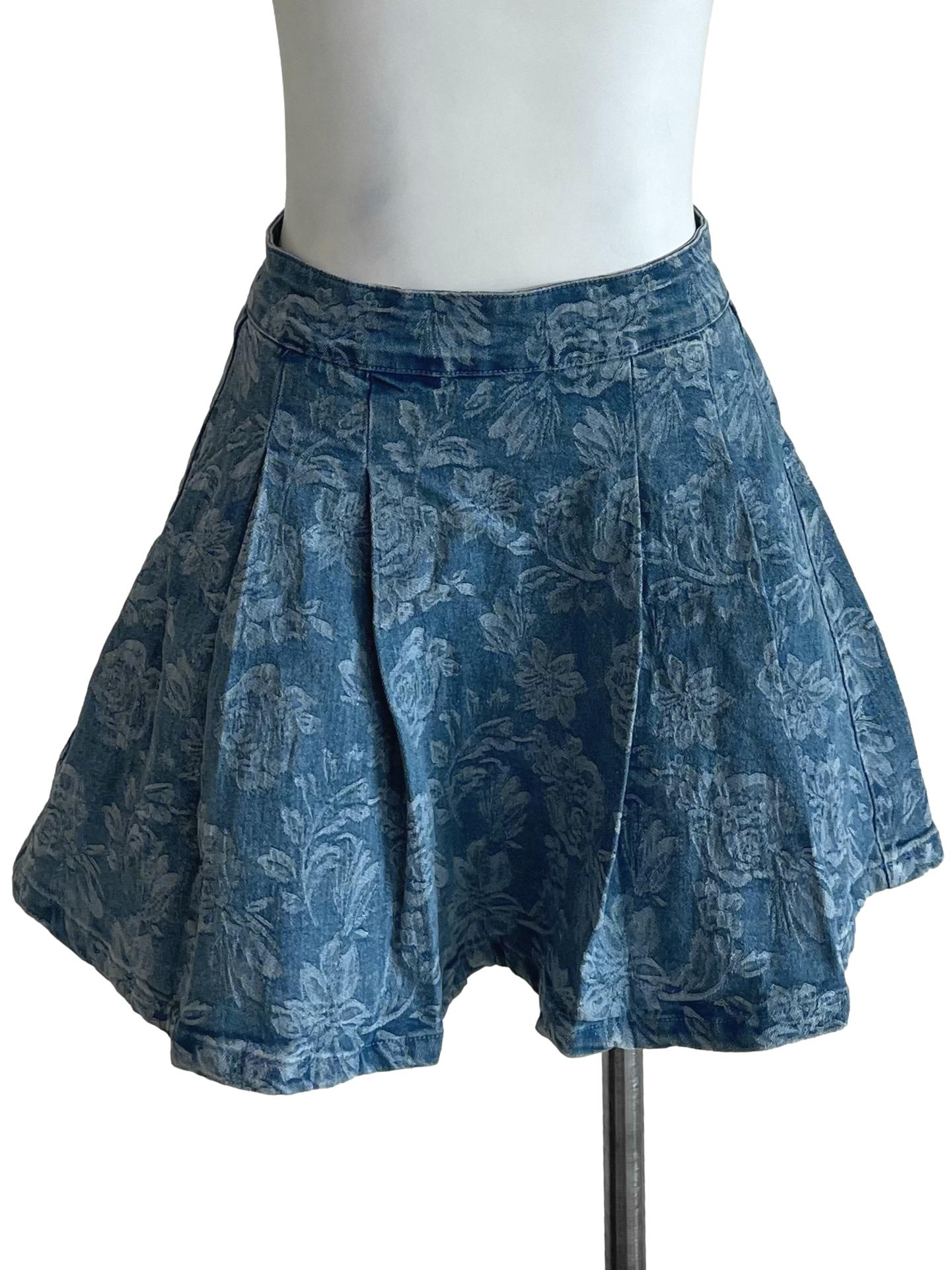 Ash Blue Rose Print Pleated Denim Skirt