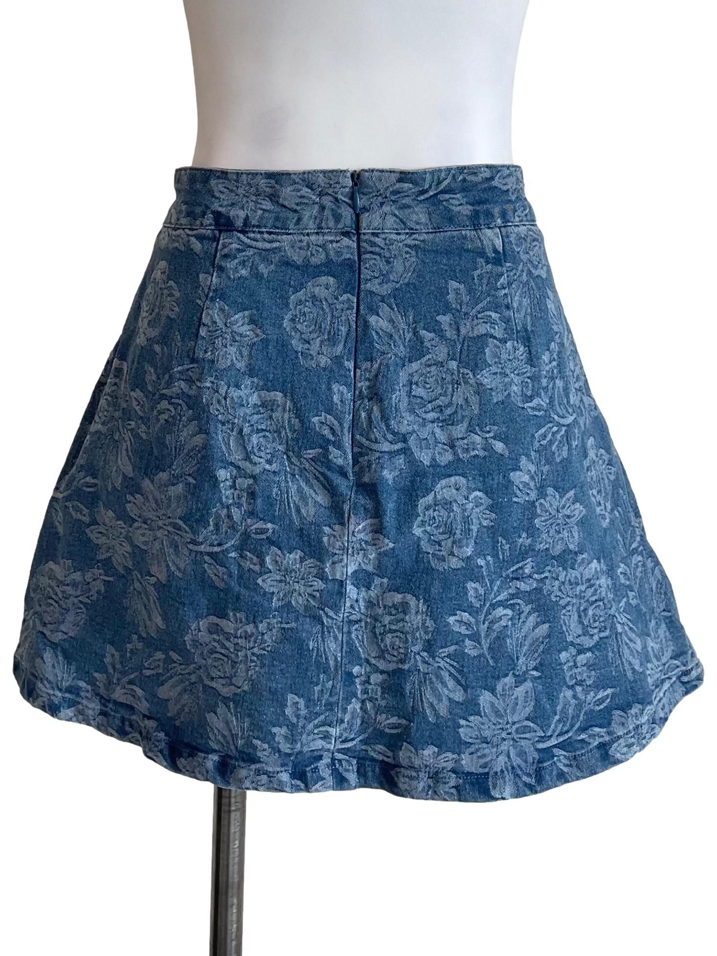 Ash Blue Rose Print Pleated Denim Skirt