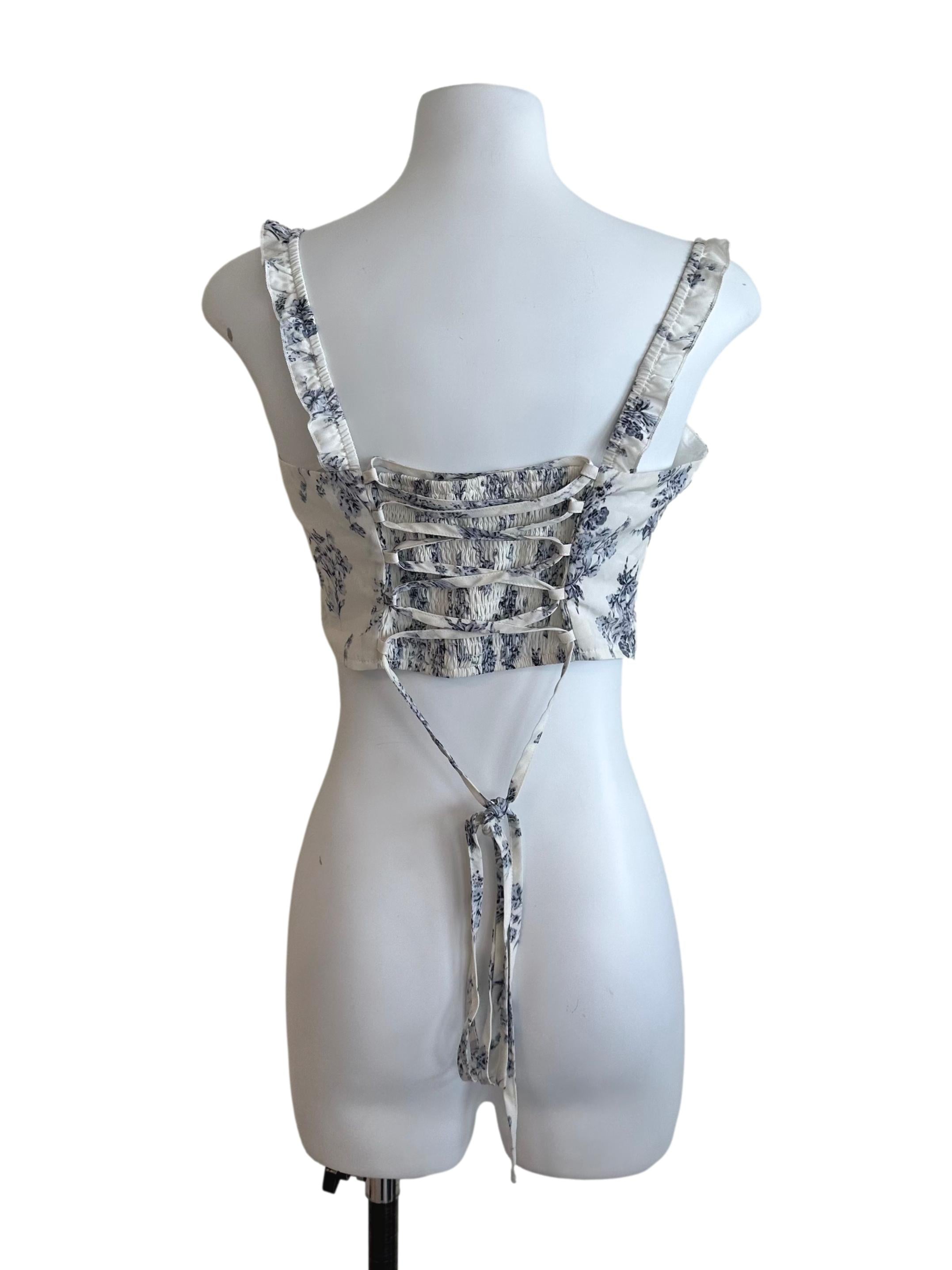 Blue Cream Floral Ruched Back Tie Crop Top