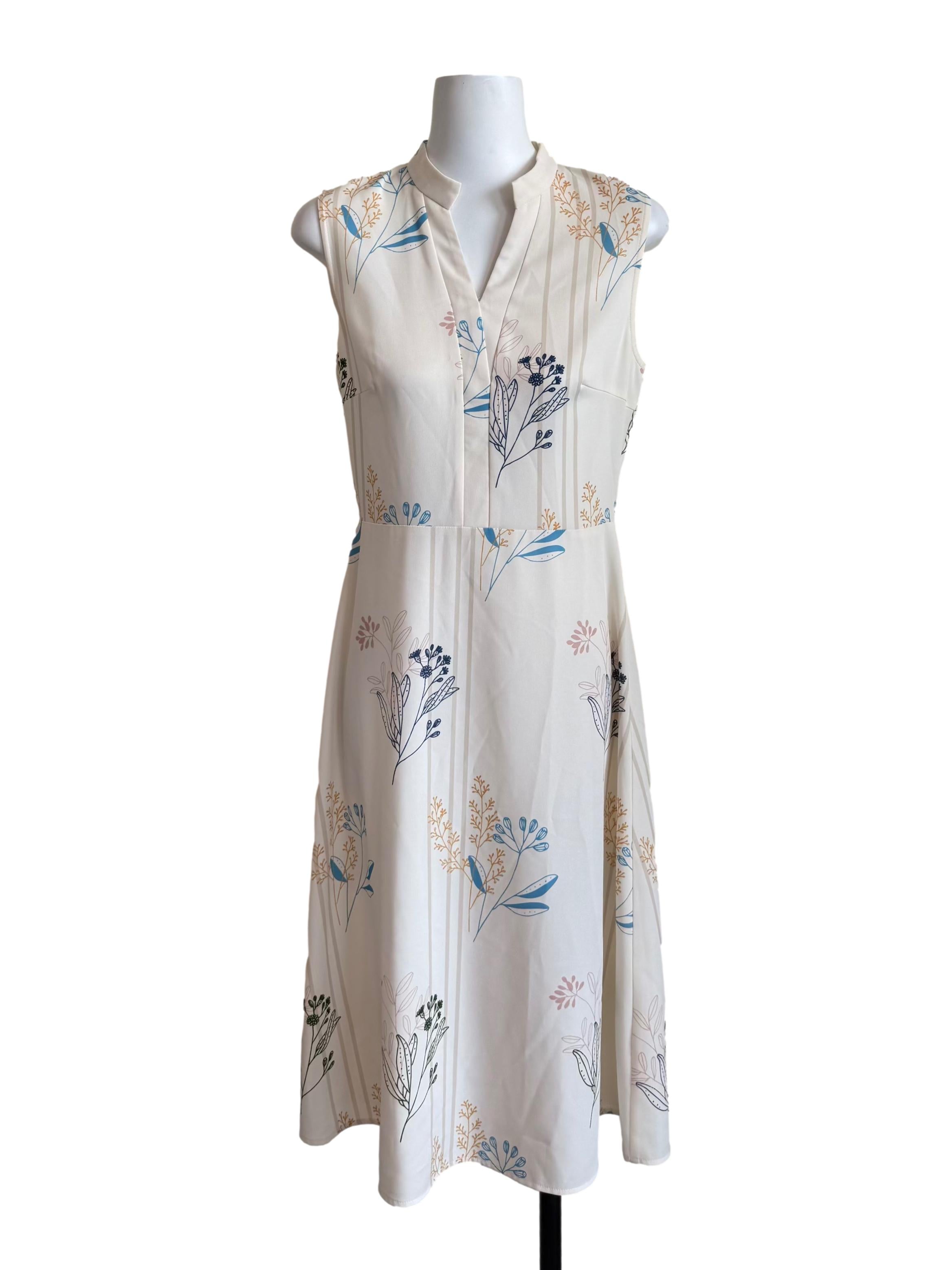 Off White Floral Print Sleeveless Dress