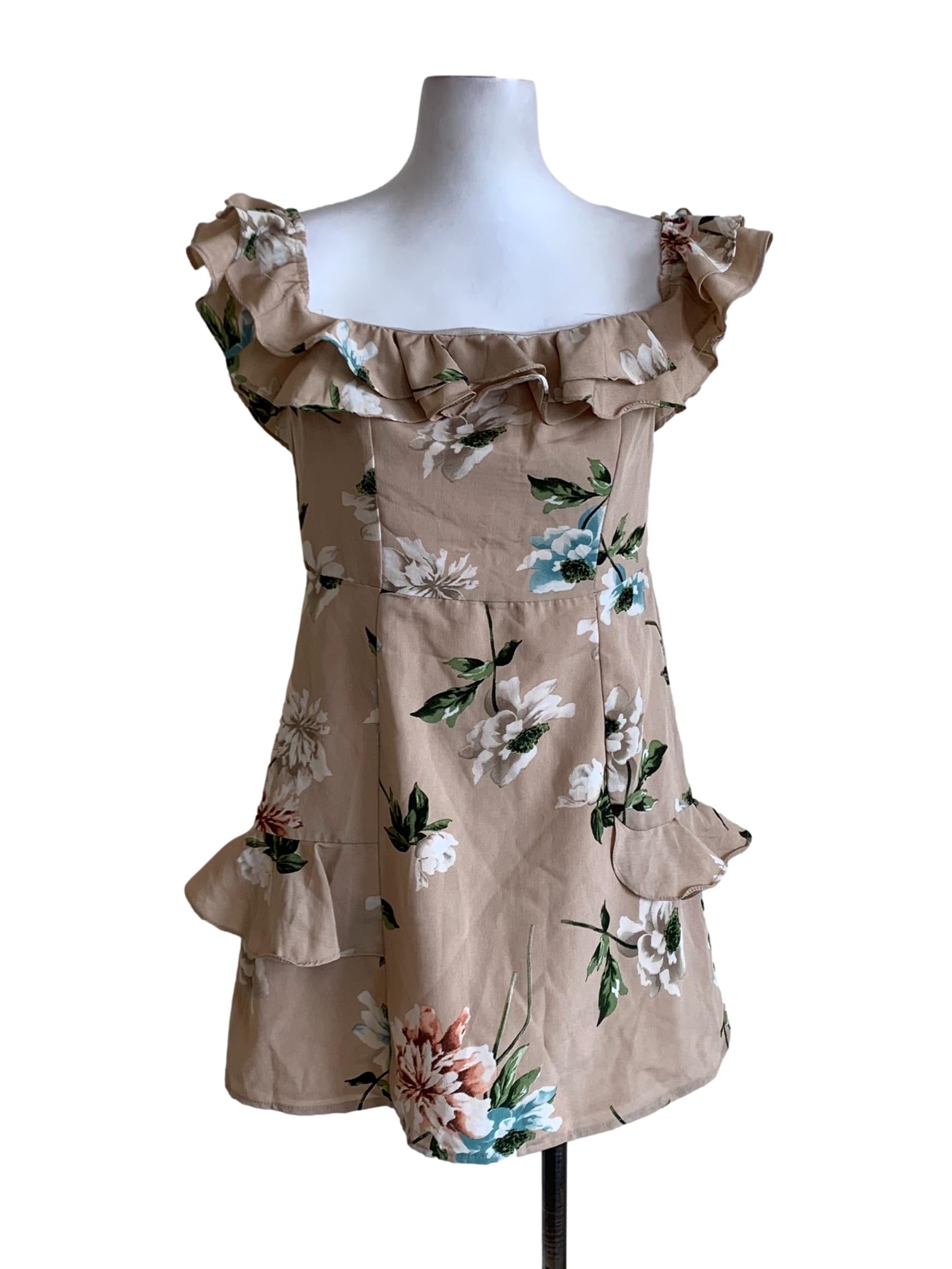Beige Floral A-Line Dress