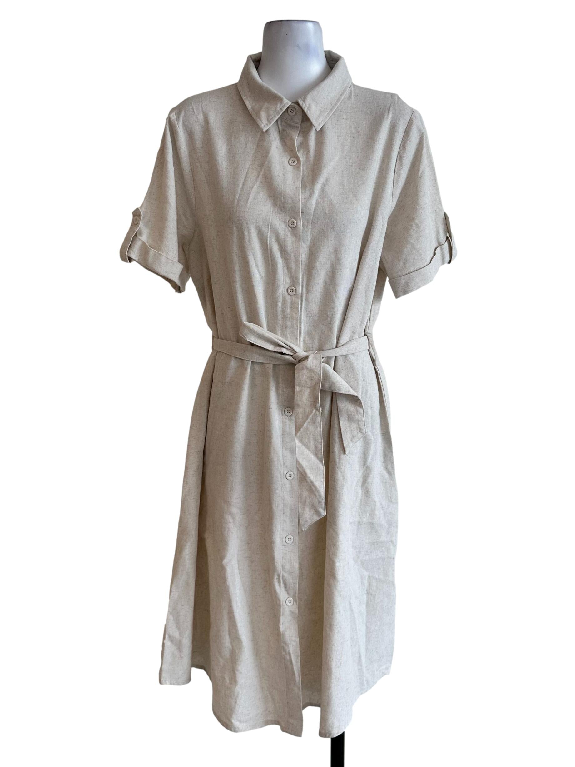 Sugar Cookie Beige Linen Collar Button Dress