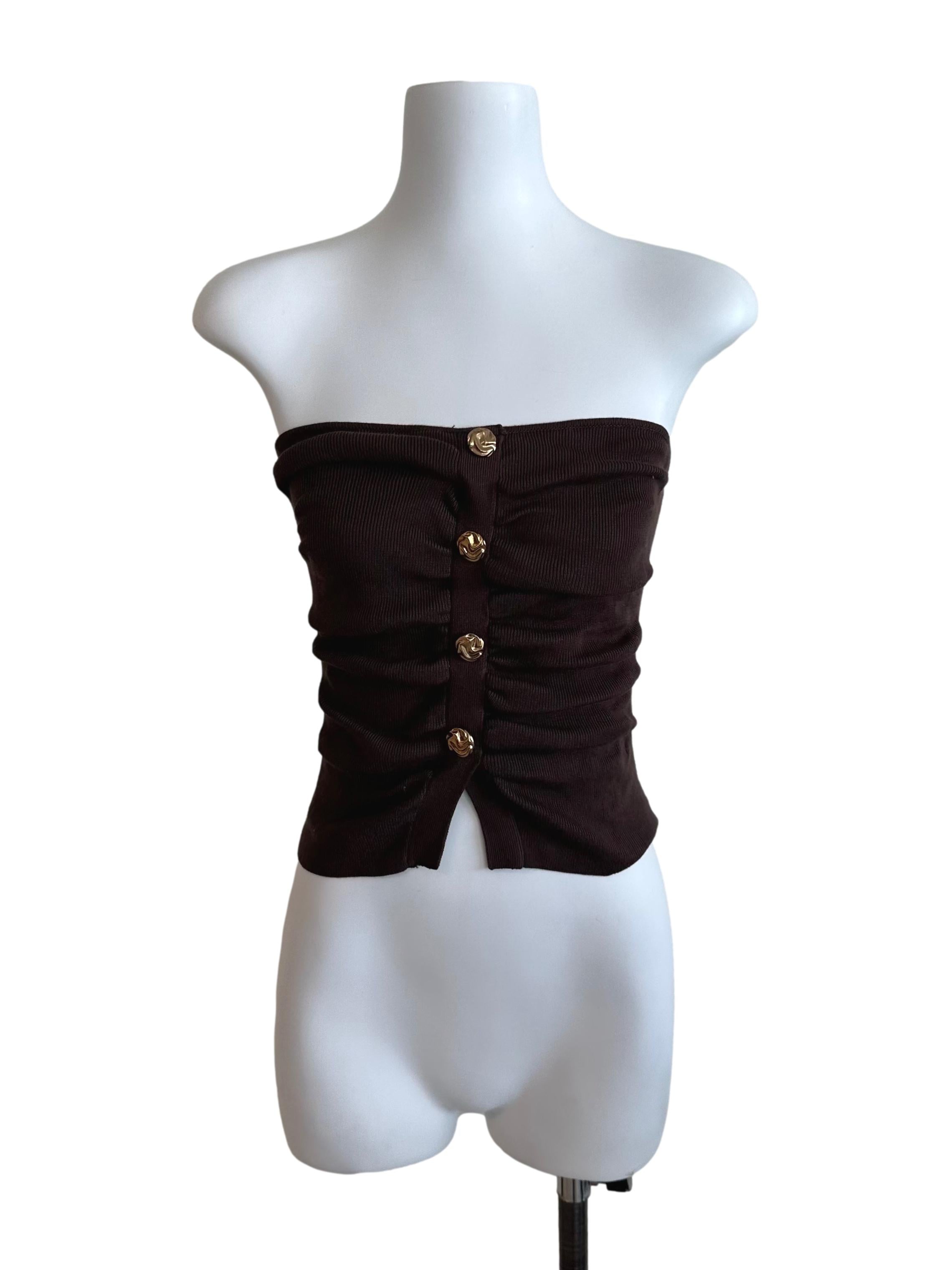 Oak Brown Button Ruched Tube Top