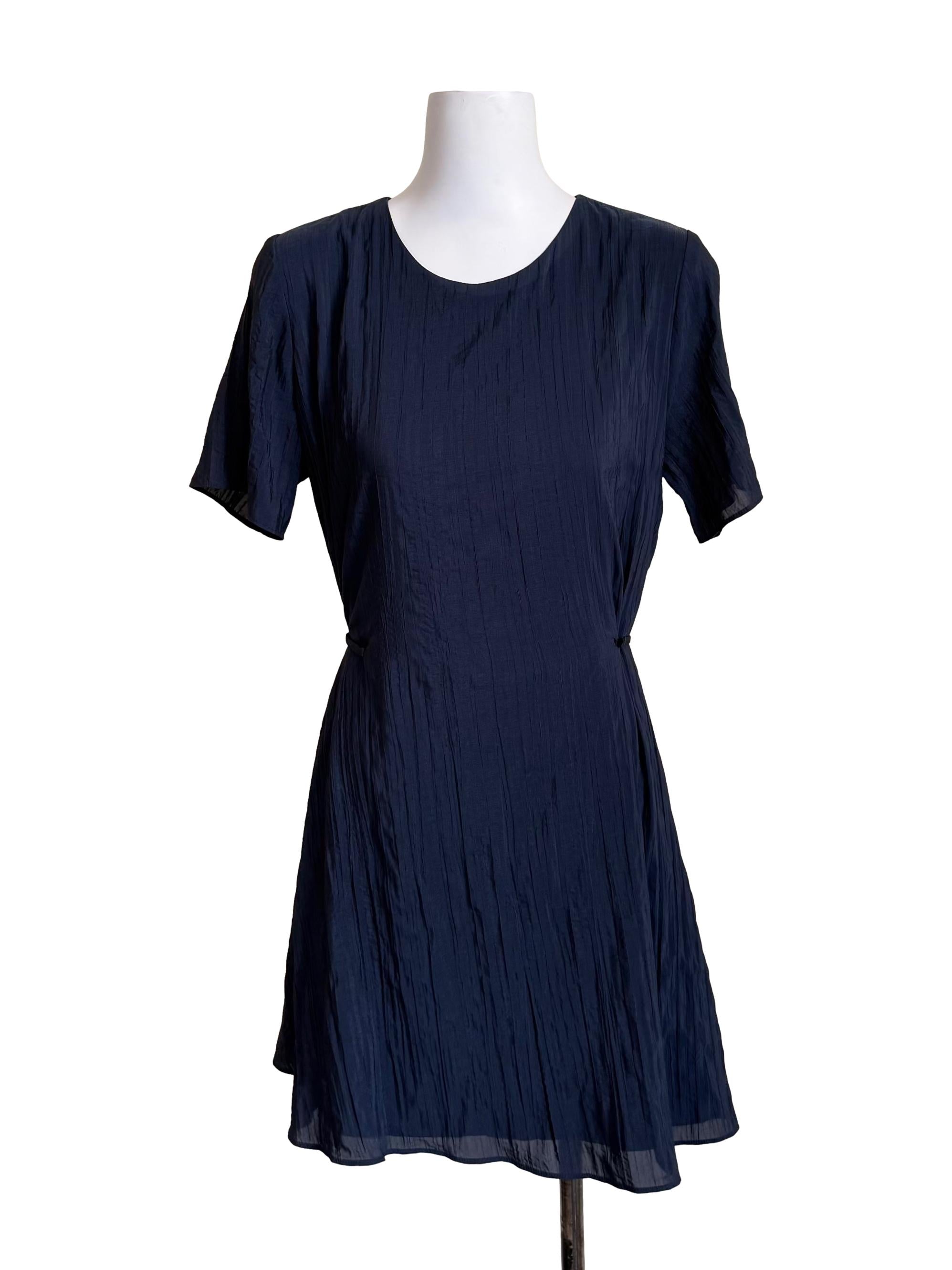 Navy Textured Short Sleeve Dress