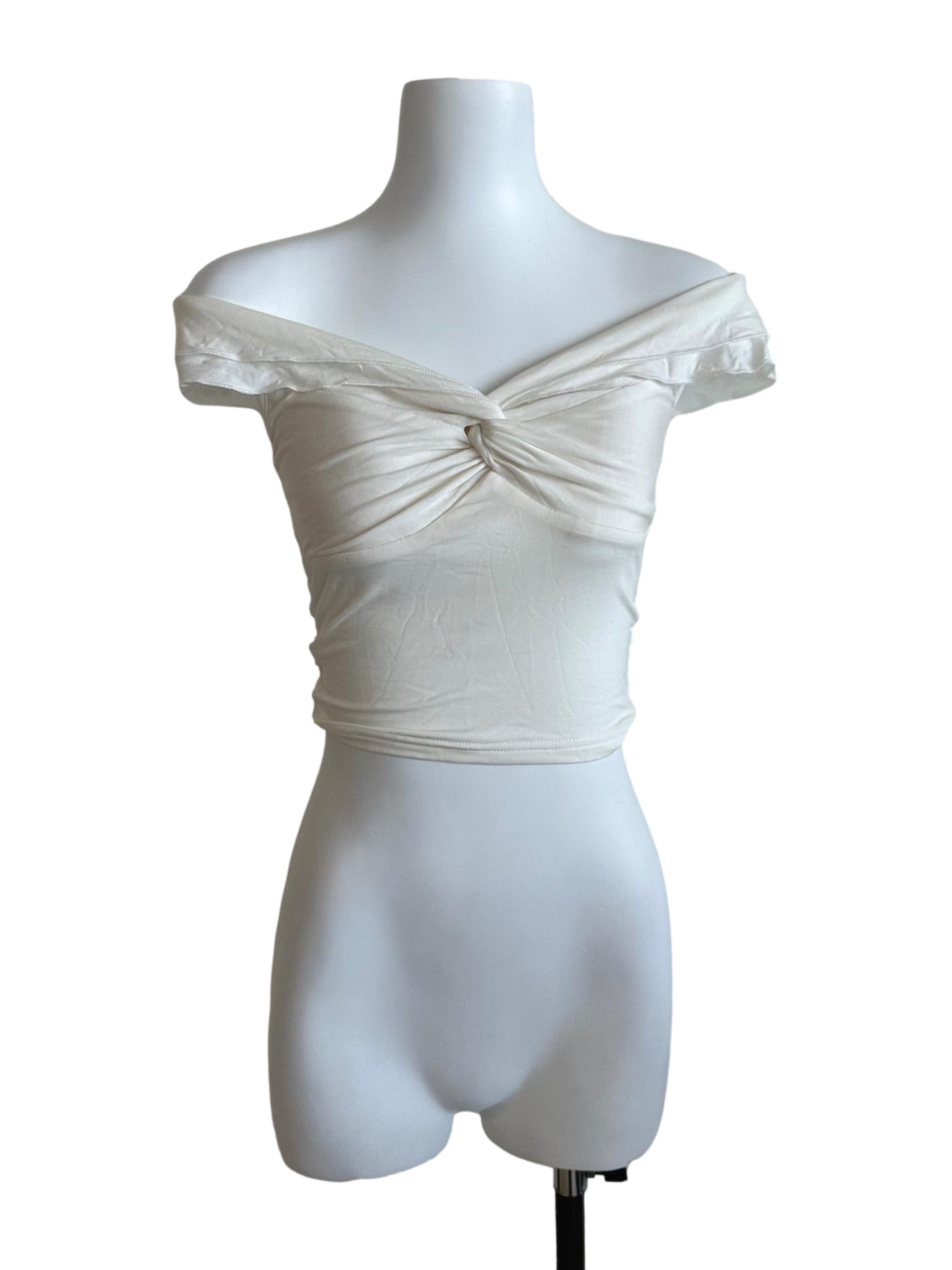 Pearl White Knot Off Shoulder Fitted Top