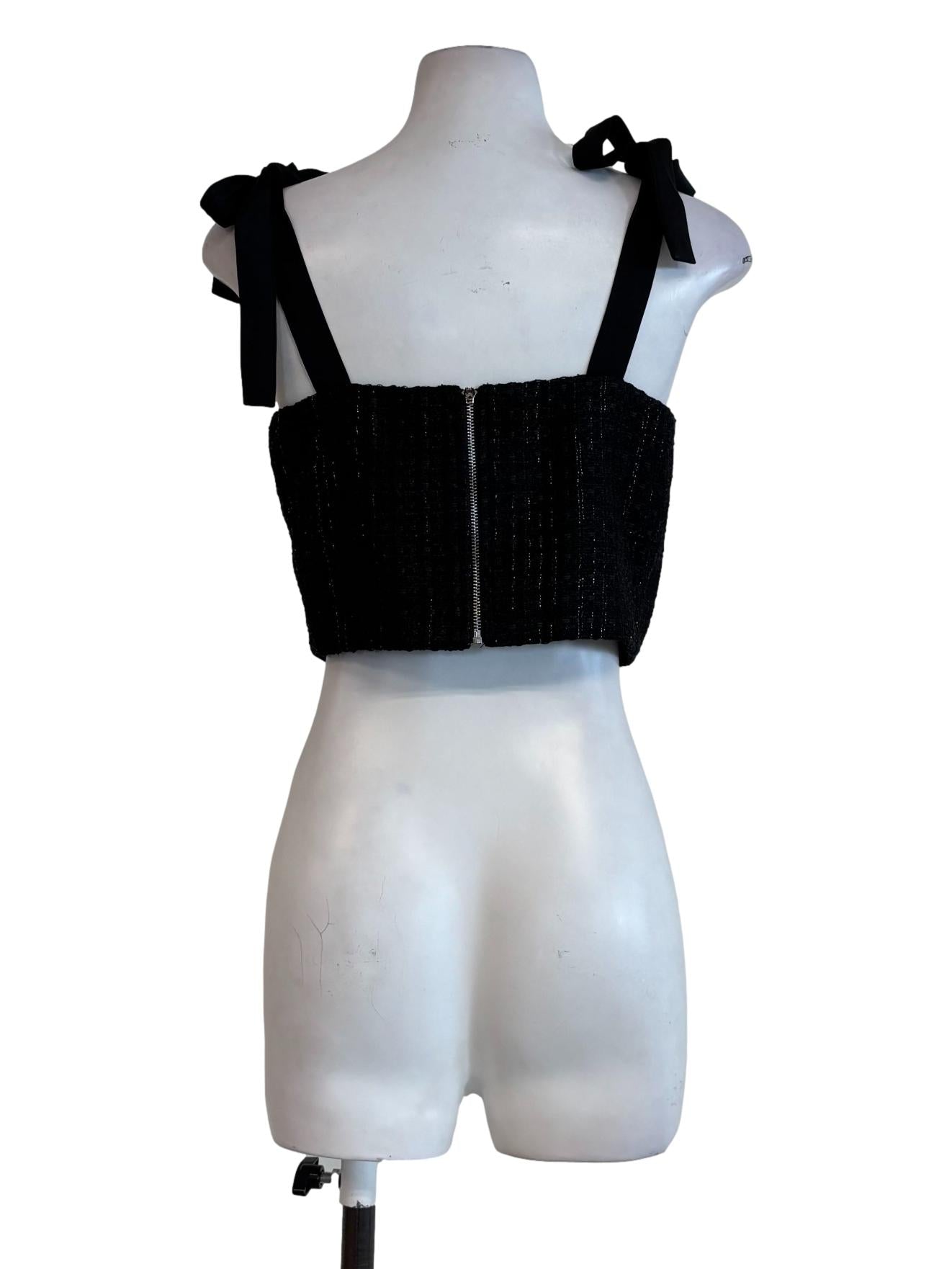 Black Tweed Ribbon Strap Top