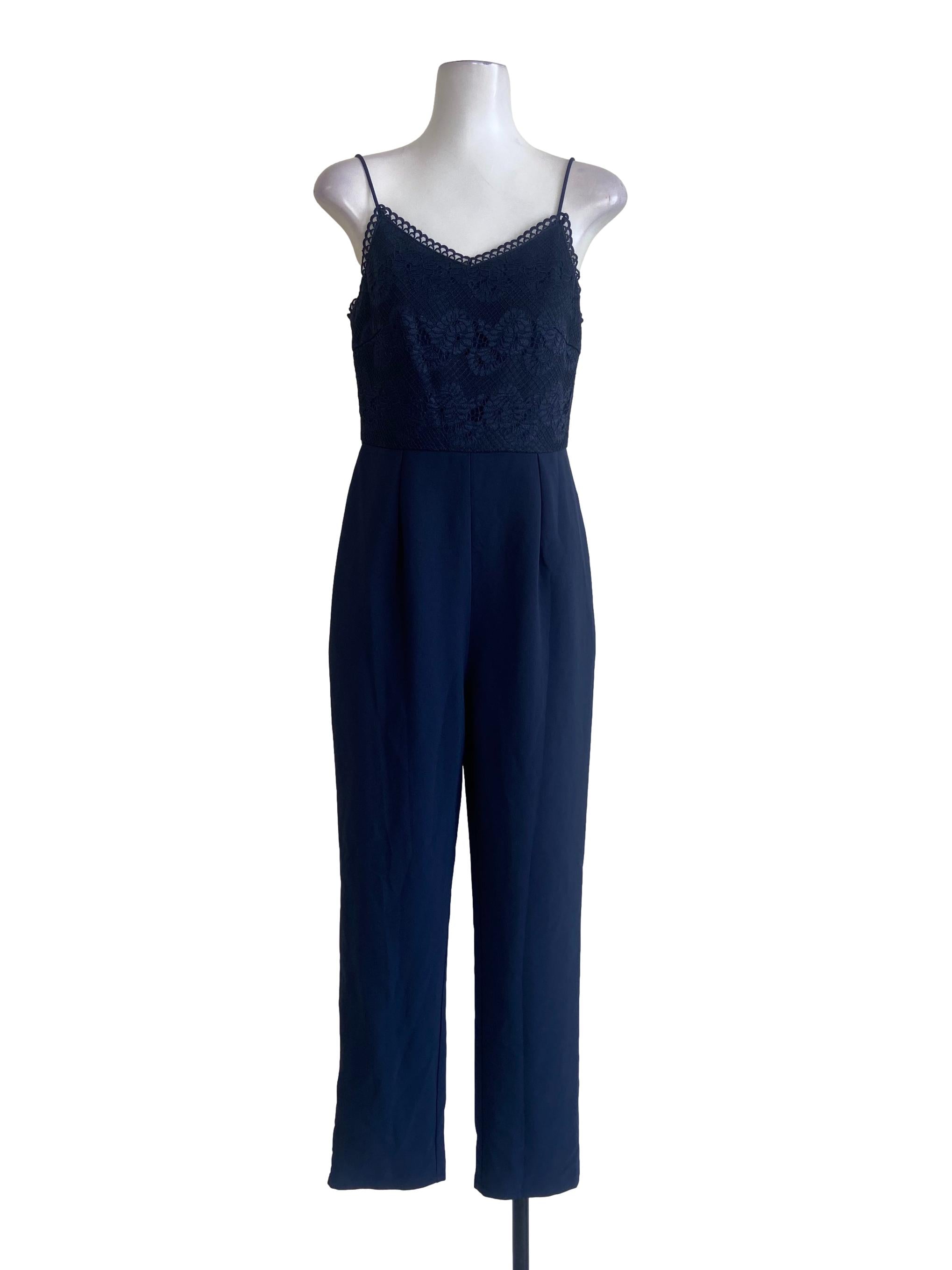 Navy Blue Spaghetti Straps Floral Lace Jumpsuits