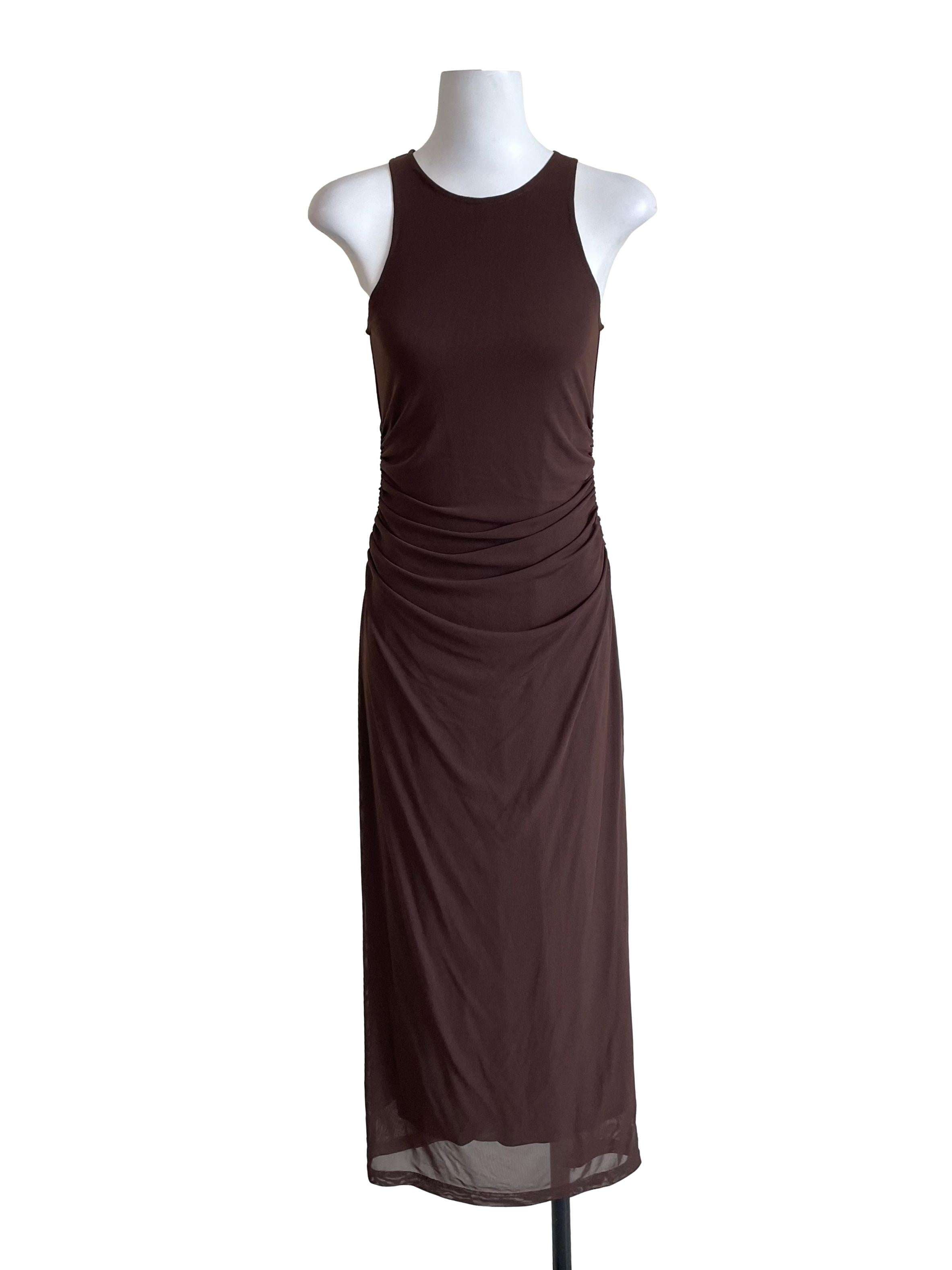 Mocha Brown Draped Mesh Bodycon Dress
