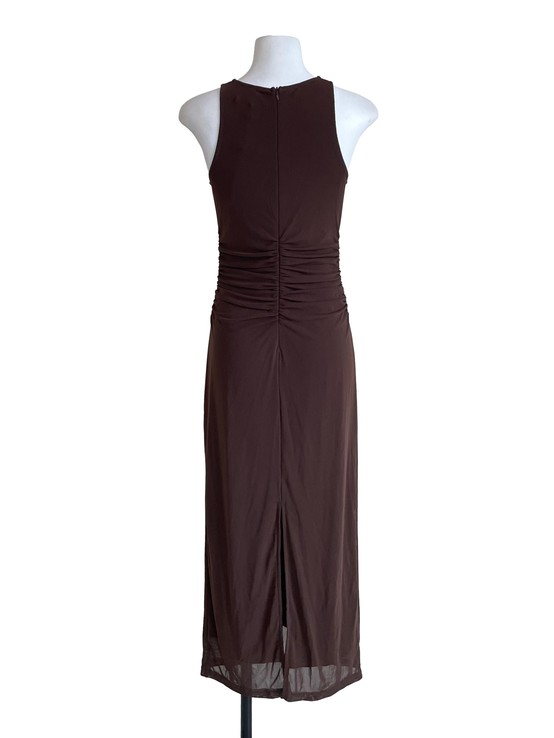 Mocha Brown Draped Mesh Bodycon Dress