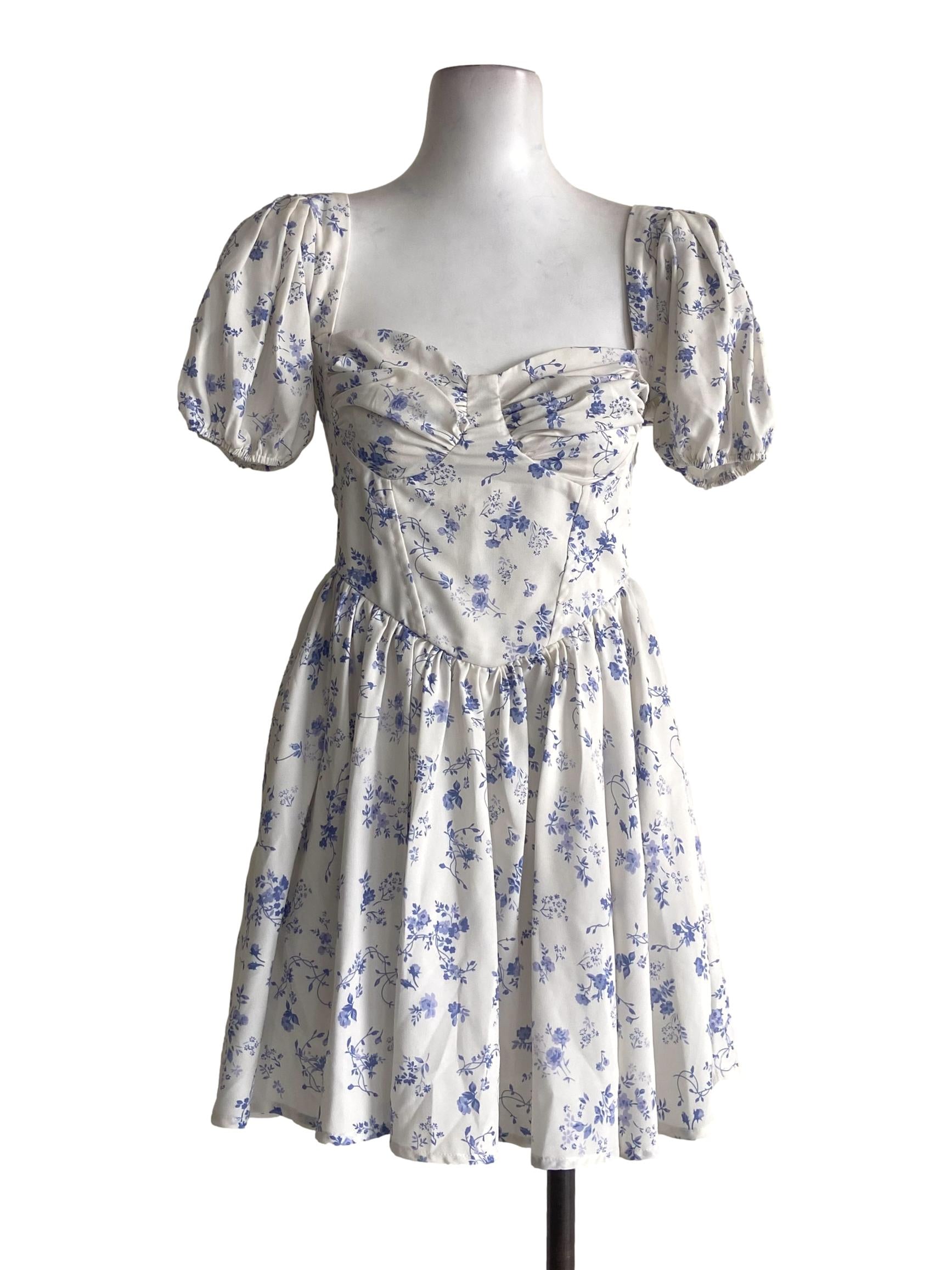 White & Blue Floral Juliet Sleeve Corset Rompers
