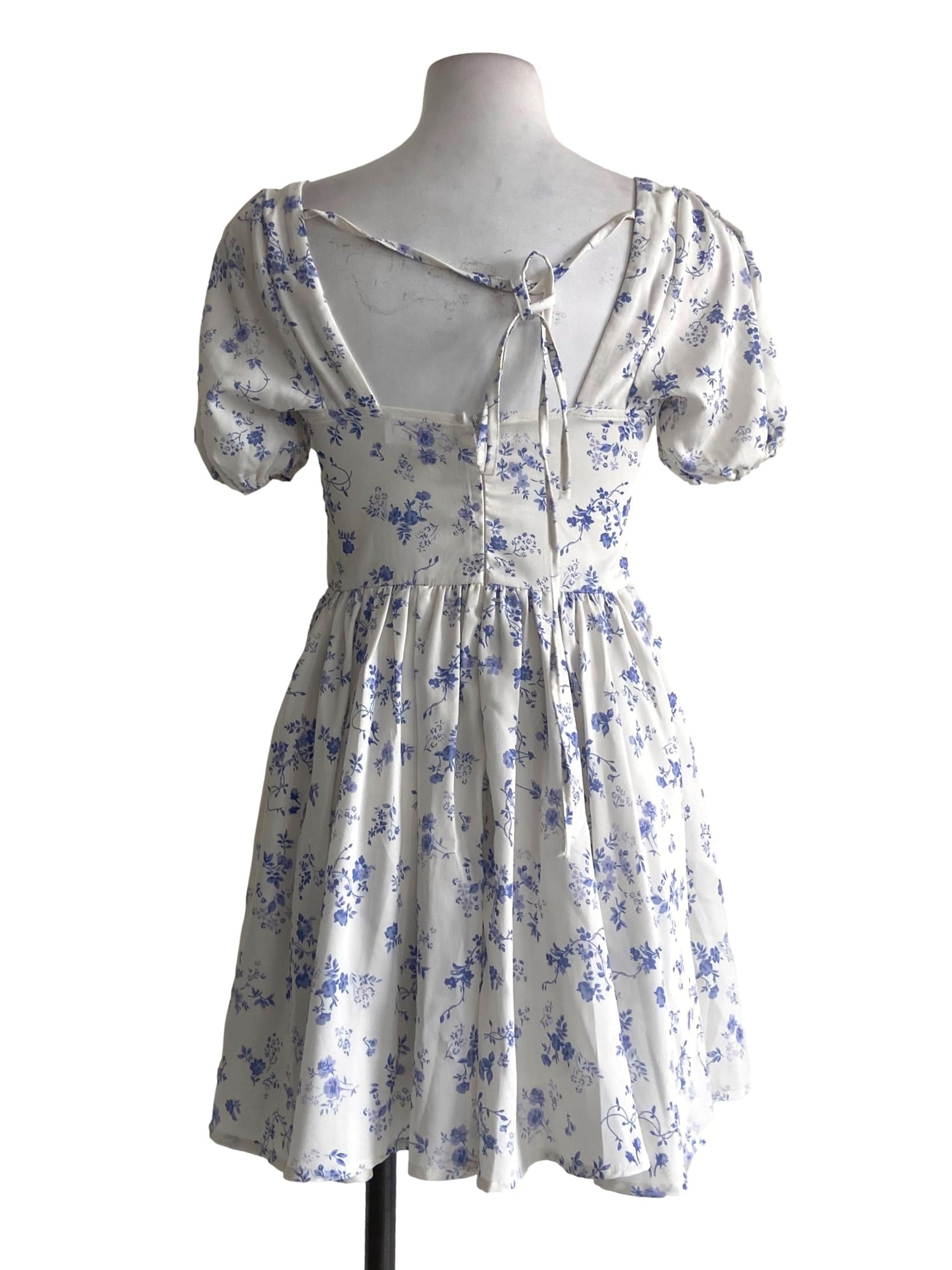 White & Blue Floral Juliet Sleeve Corset Rompers