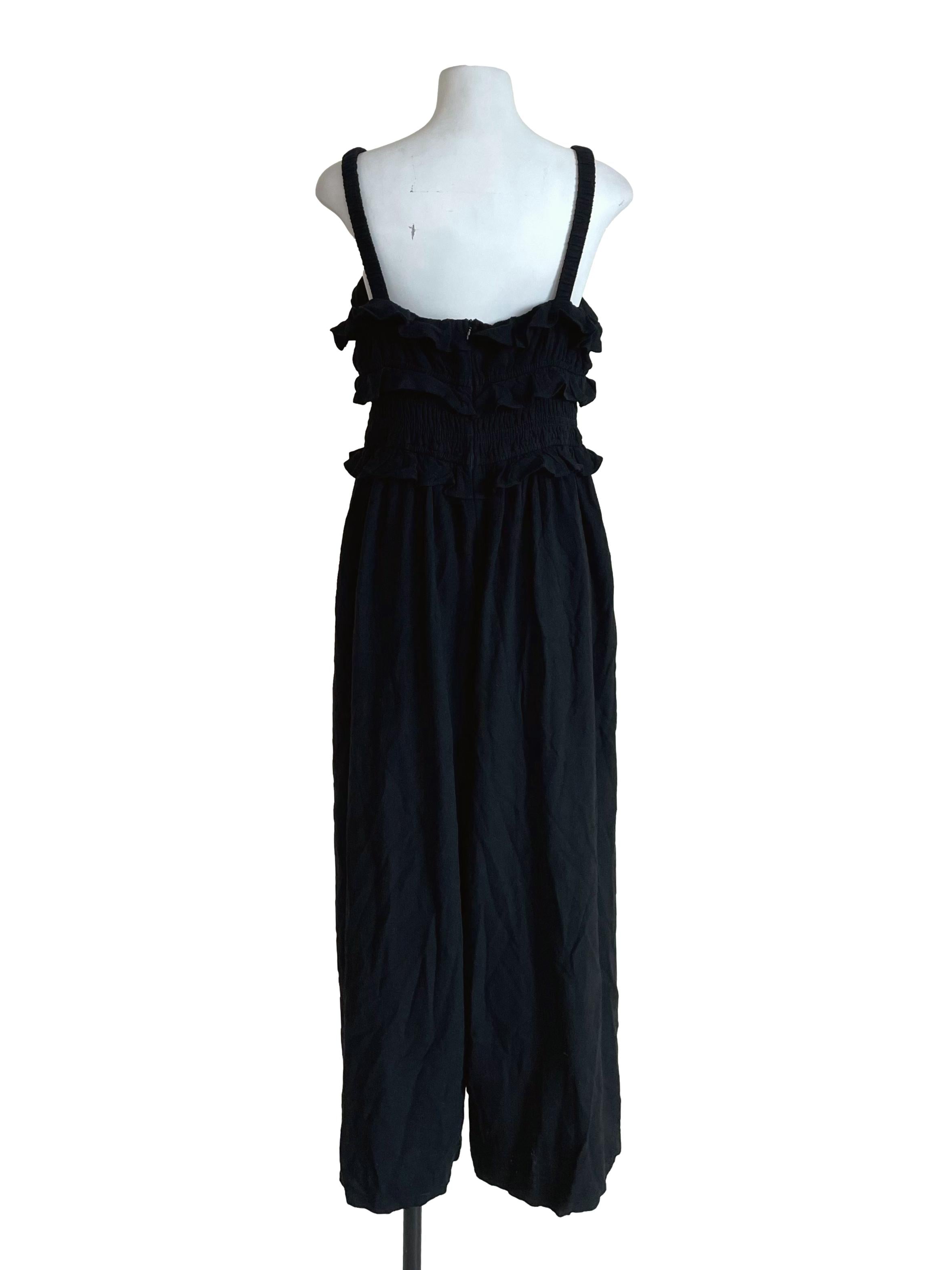 Black Ruffles Shirred Waist Jumpsuit