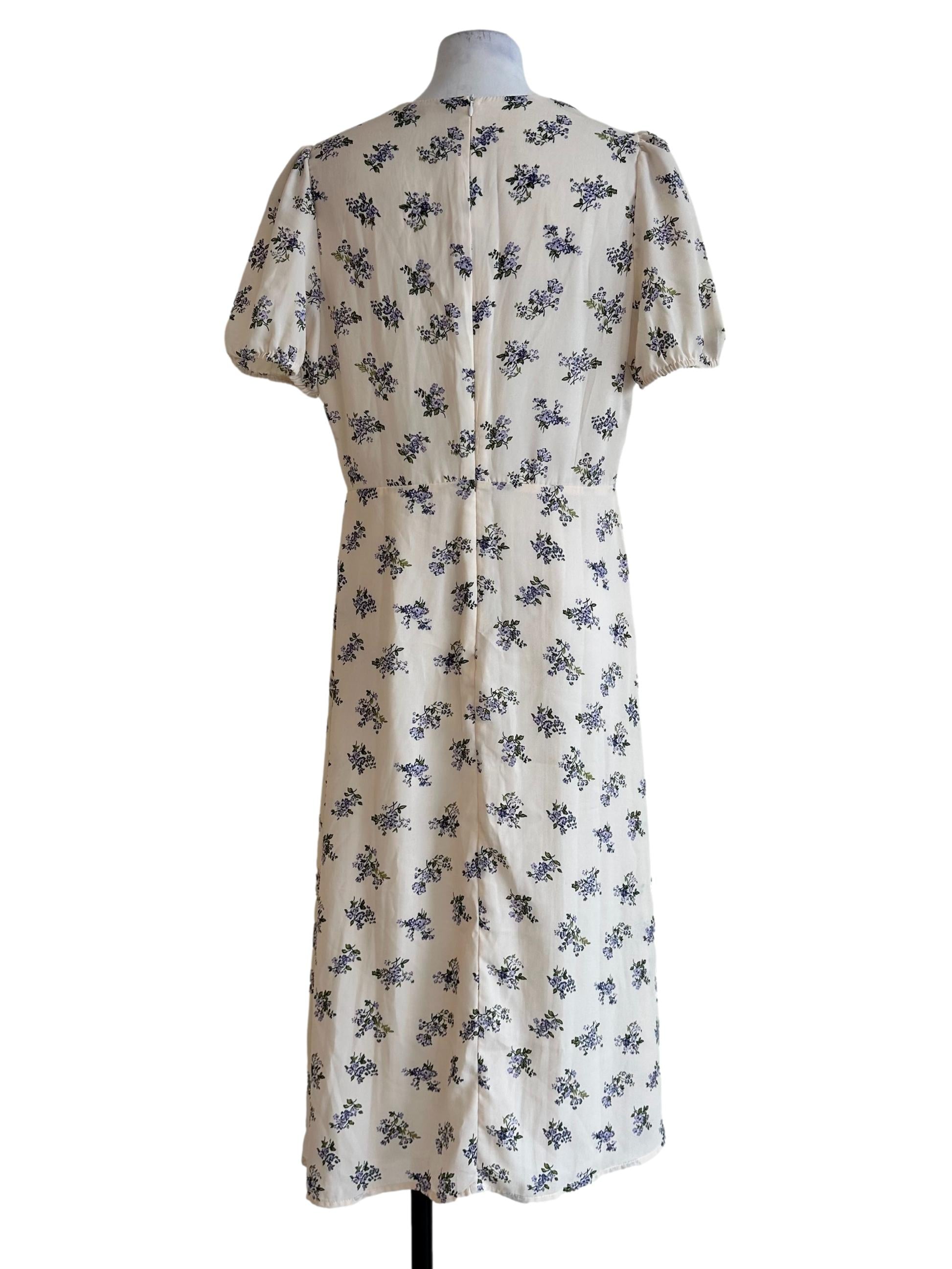 Shortbread Beige V Neckline Flower Pattern Dress