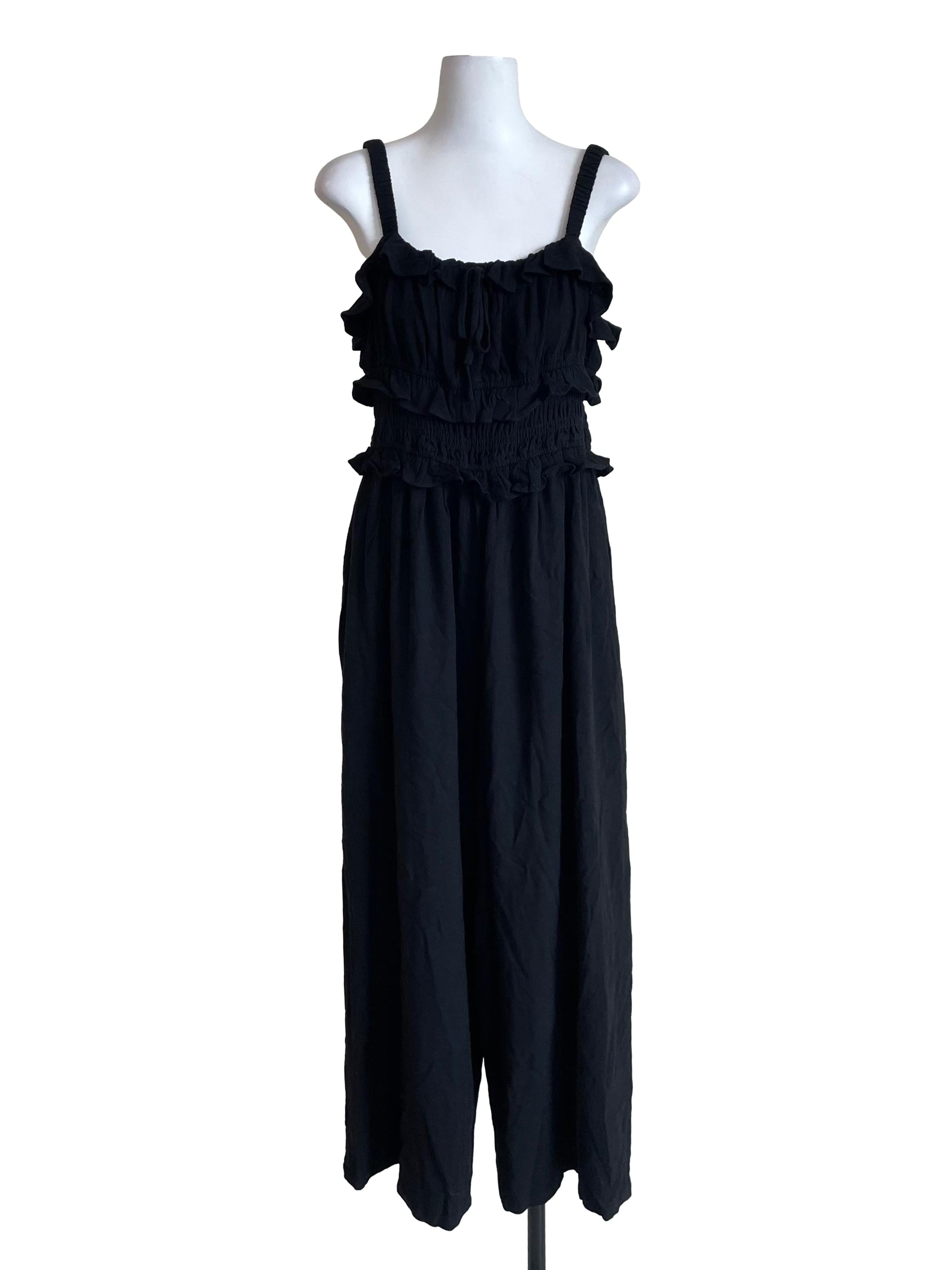 Black Ruffles Shirred Waist Jumpsuit