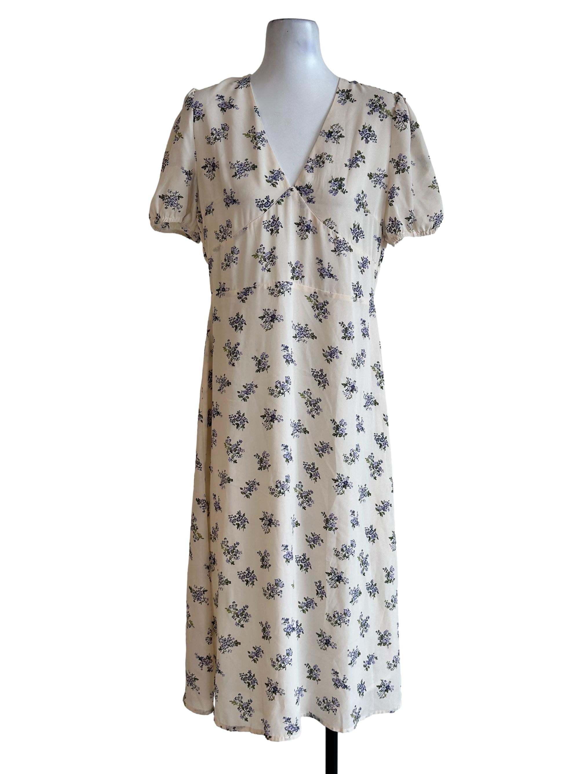 Shortbread Beige V Neckline Flower Pattern Dress