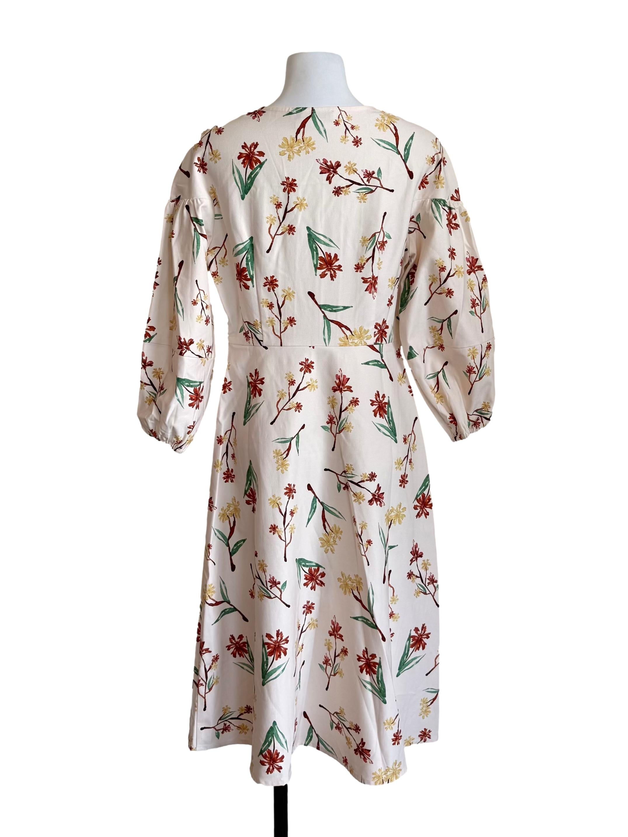 Cream Floral Pattern Puff Sleeves Dress