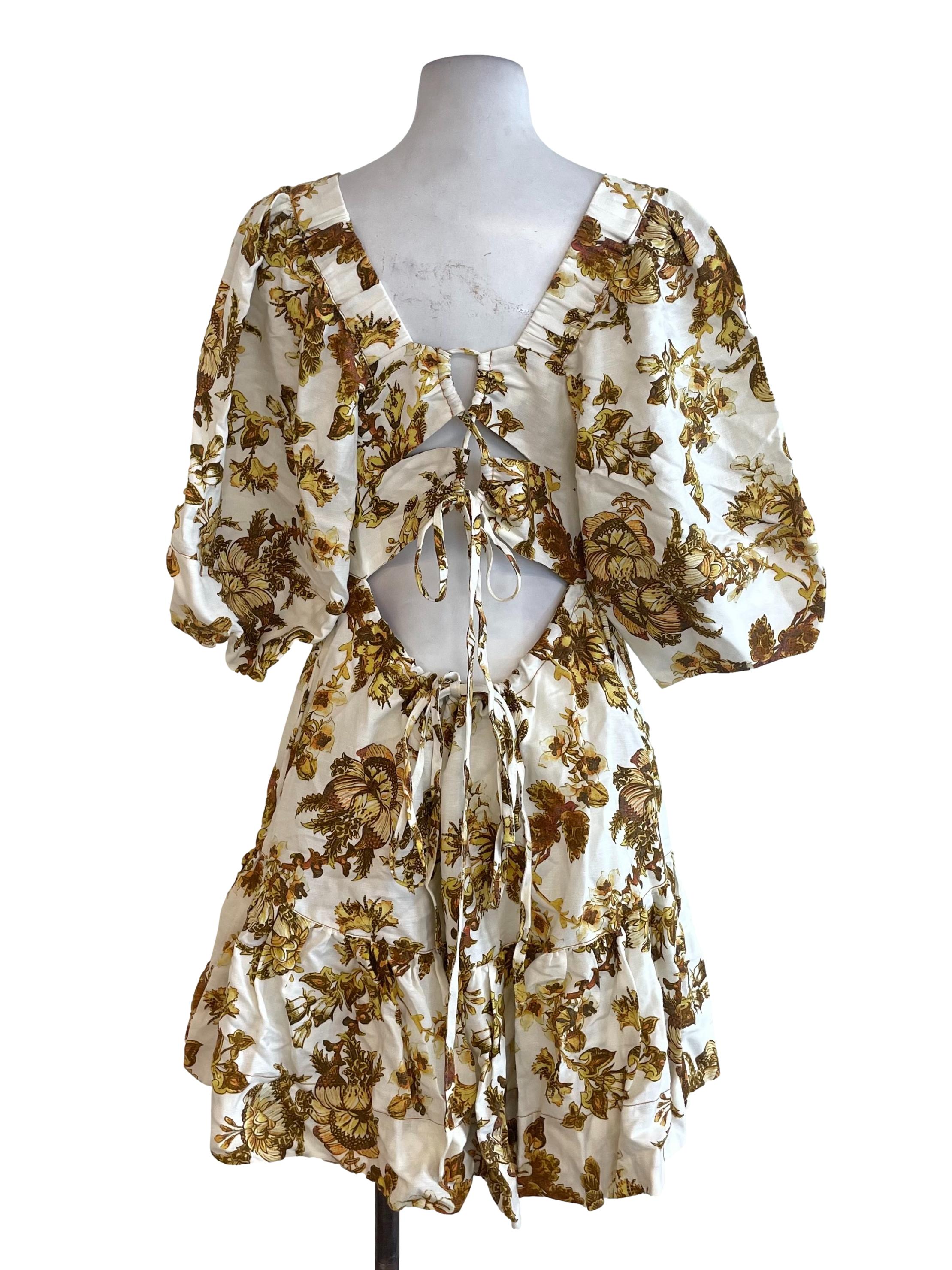 White Floral Bubble Sleeves Dress