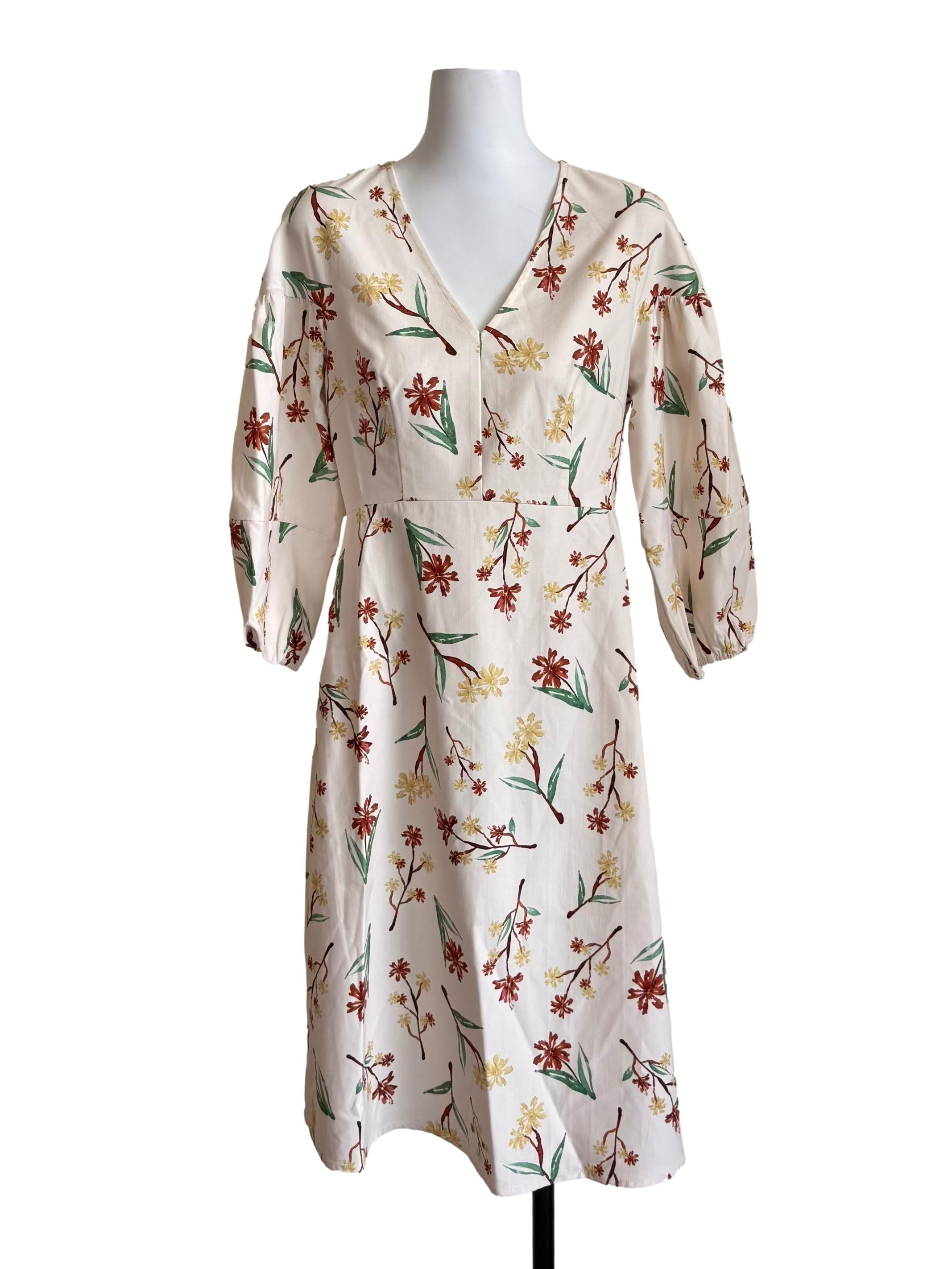 Cream Floral Pattern Puff Sleeves Dress