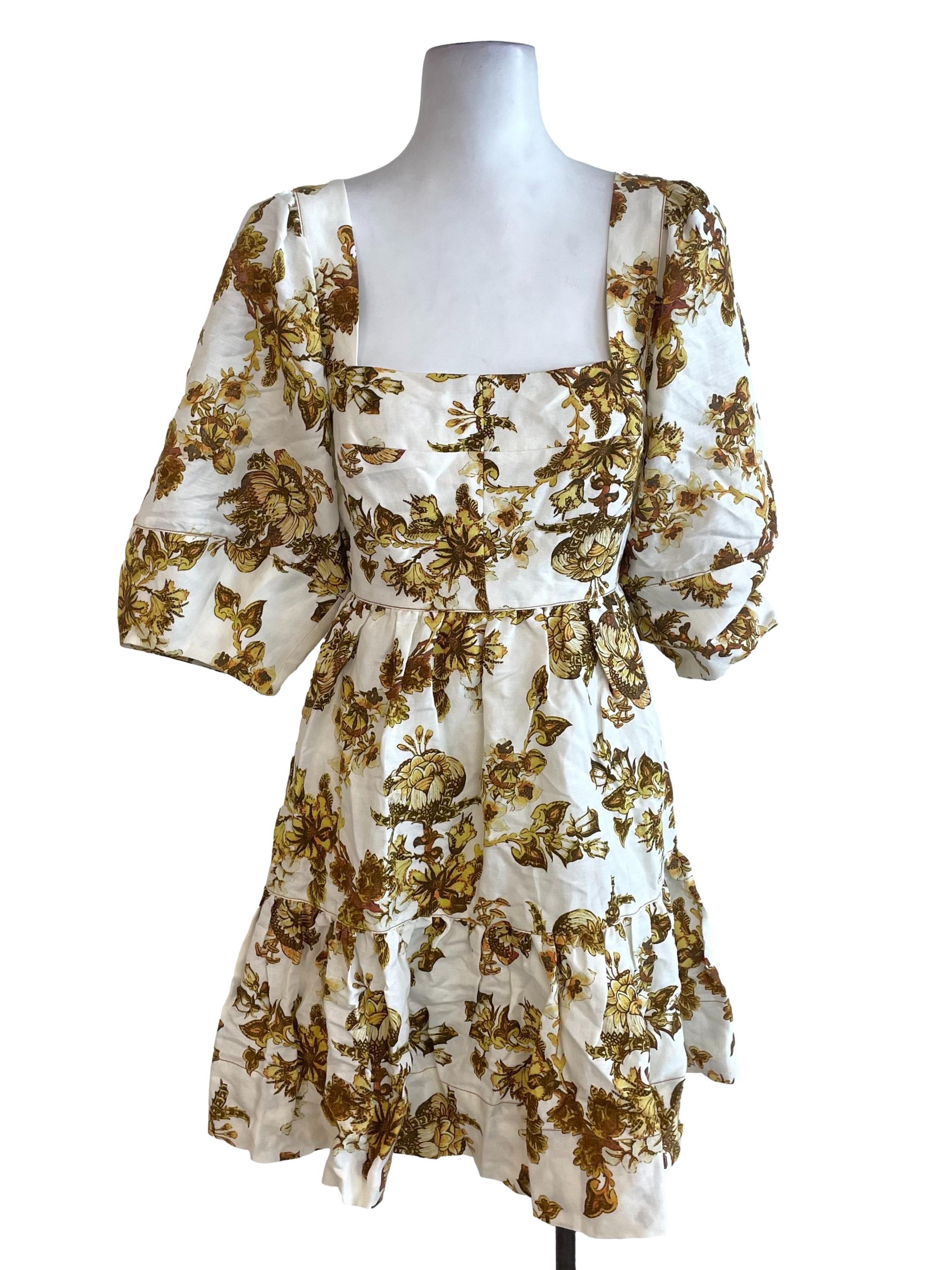White Floral Bubble Sleeves Dress