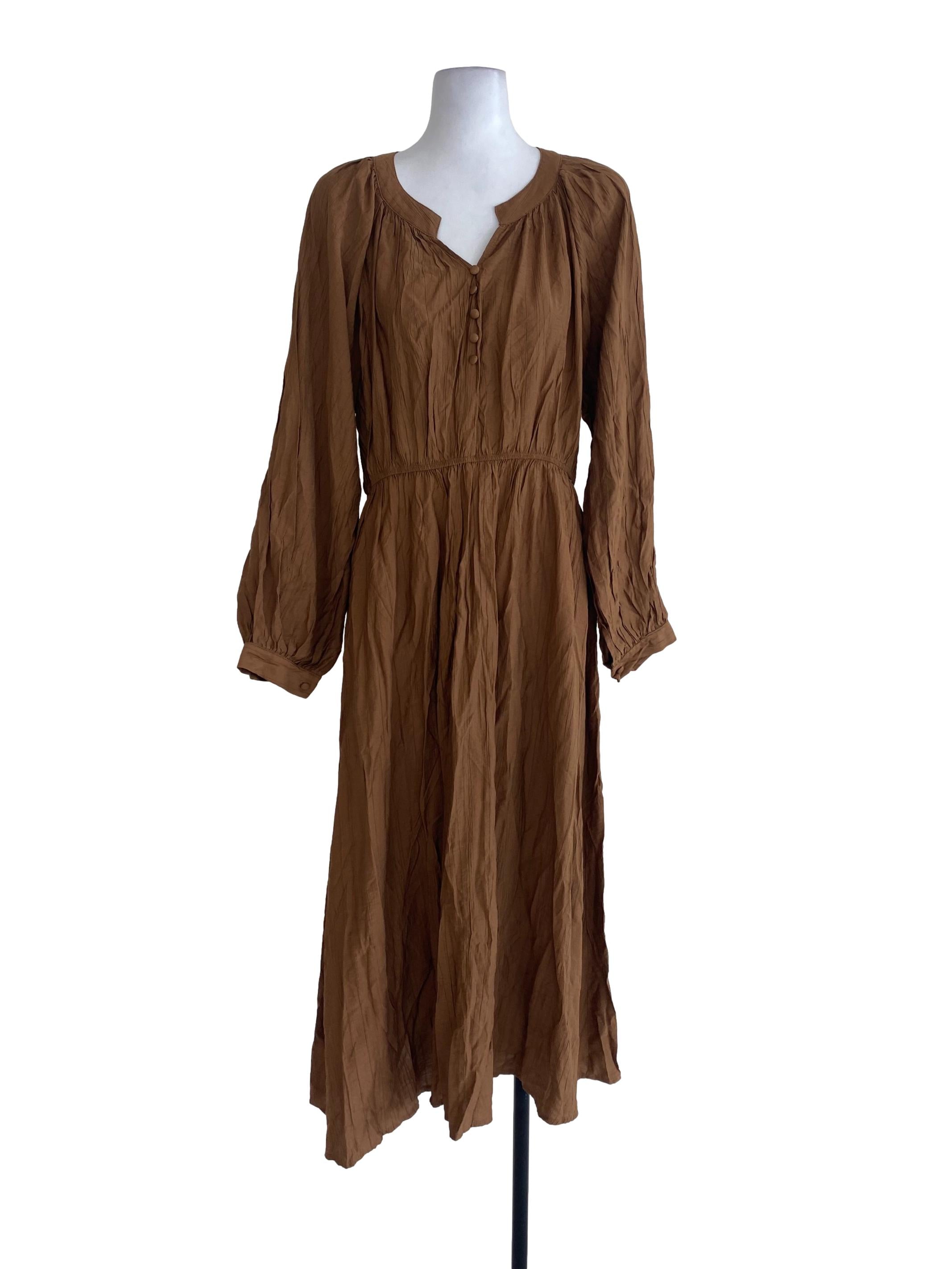 Brown Textured Blouson Dress