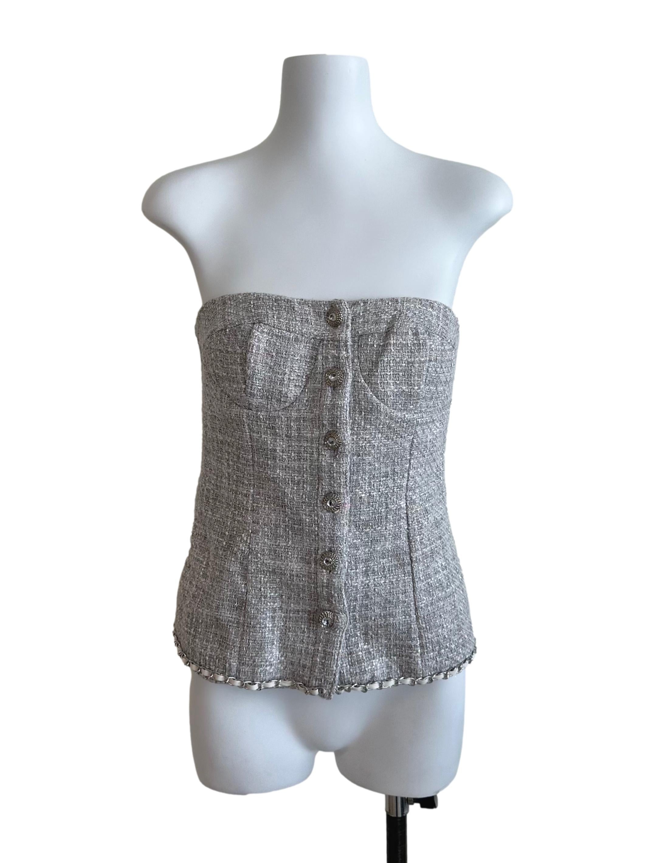 Light Grey Tweed Textured Button Tube Top