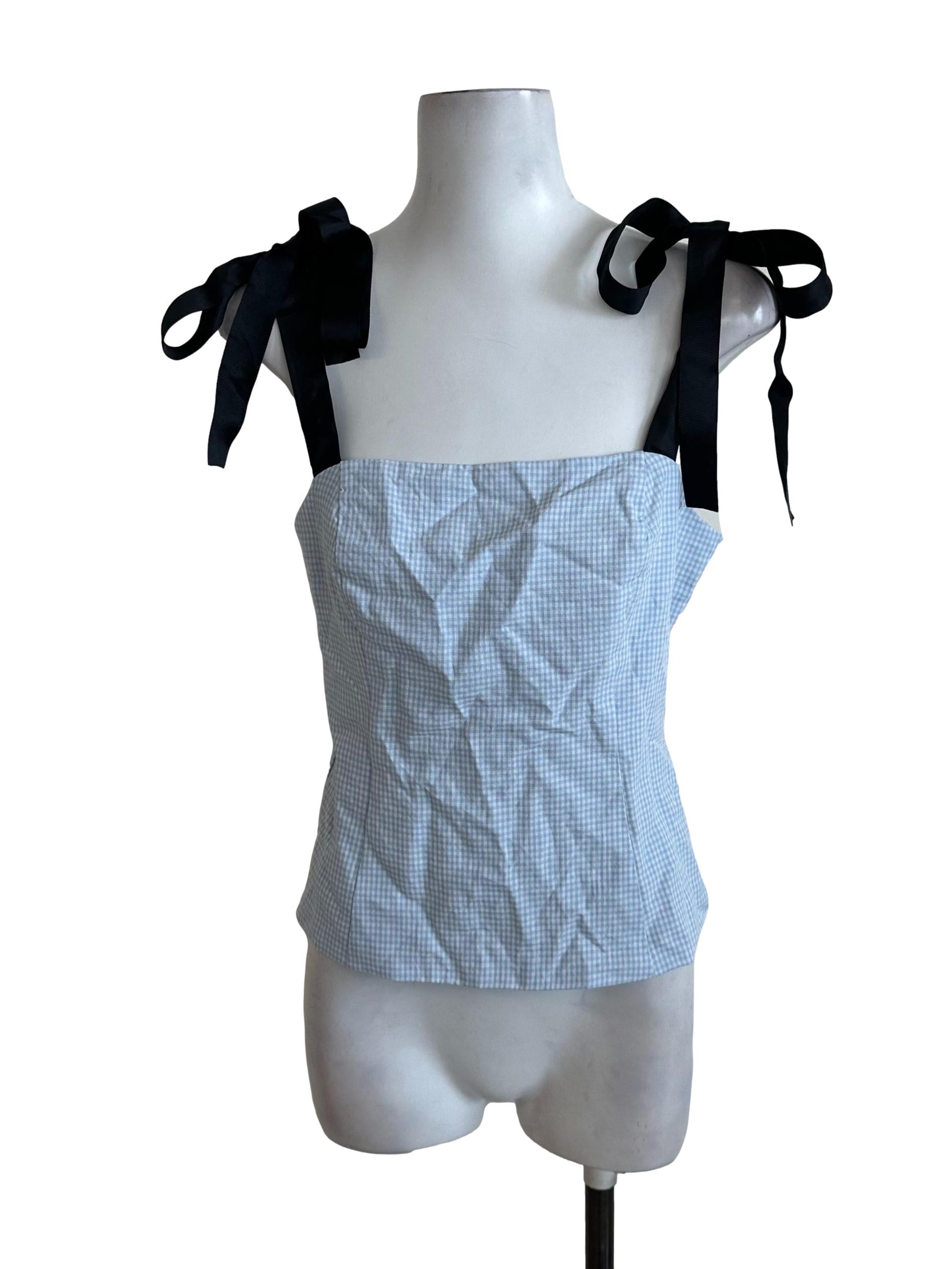 Light Blue Plaid Ribbon Strap Top