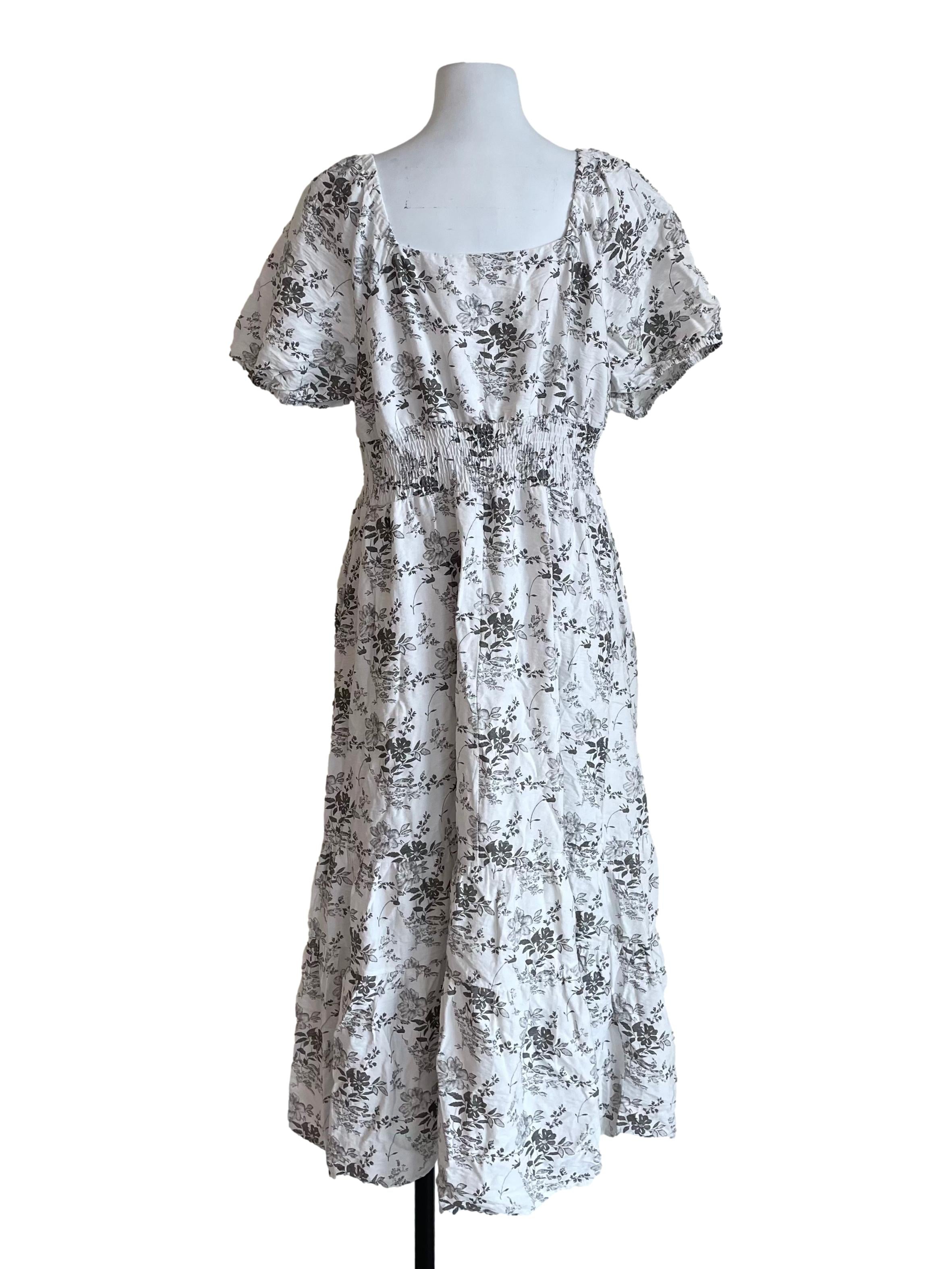 White And Ash Floral Puff Sleeve Dress