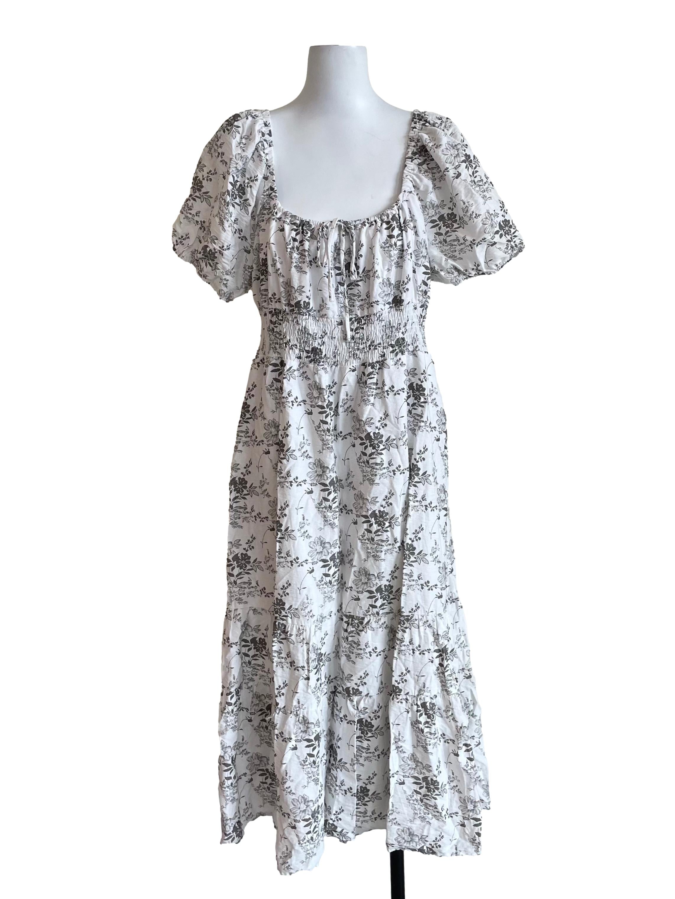 White And Ash Floral Puff Sleeve Dress