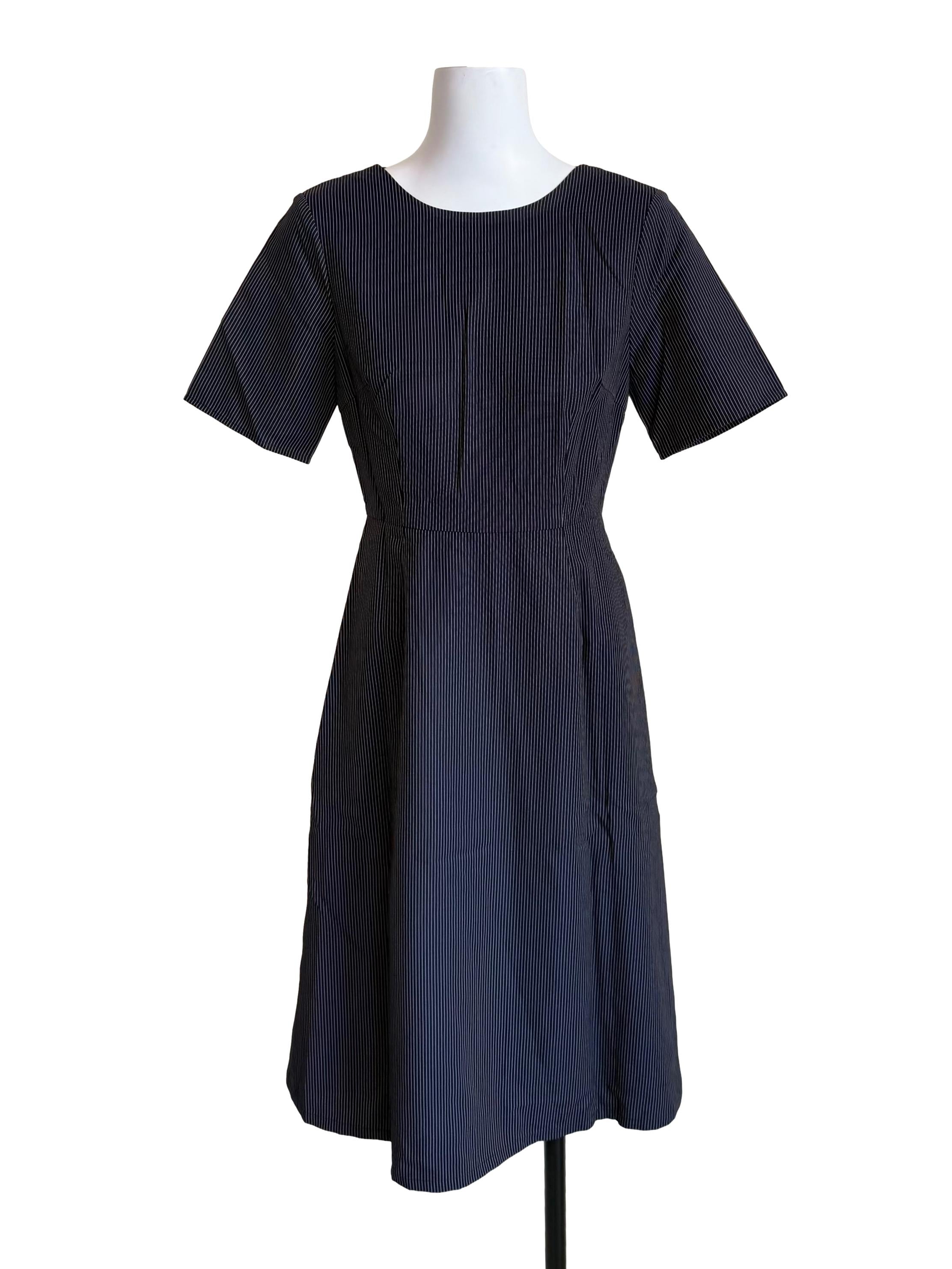Deep Navy Pinstripe A-Line Dress