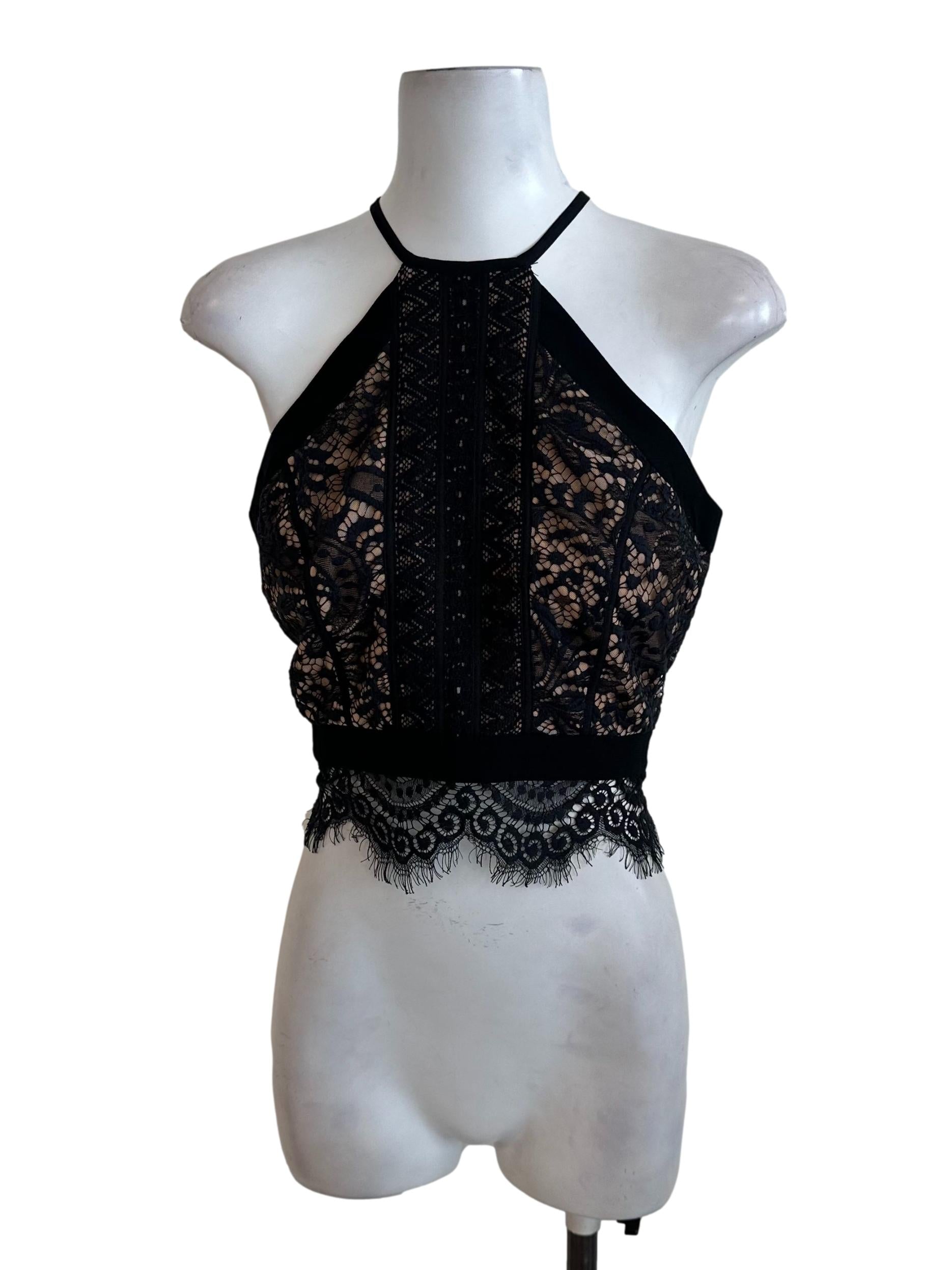 Black Beige Lace Halter Top
