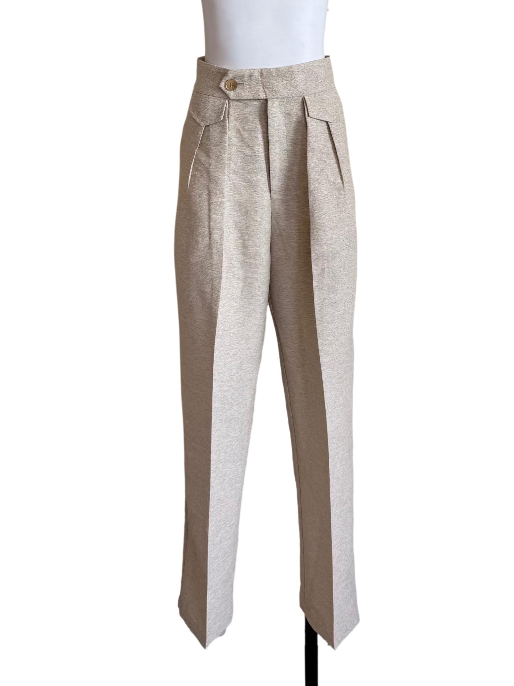 Light Beige Textured Pleated Pants