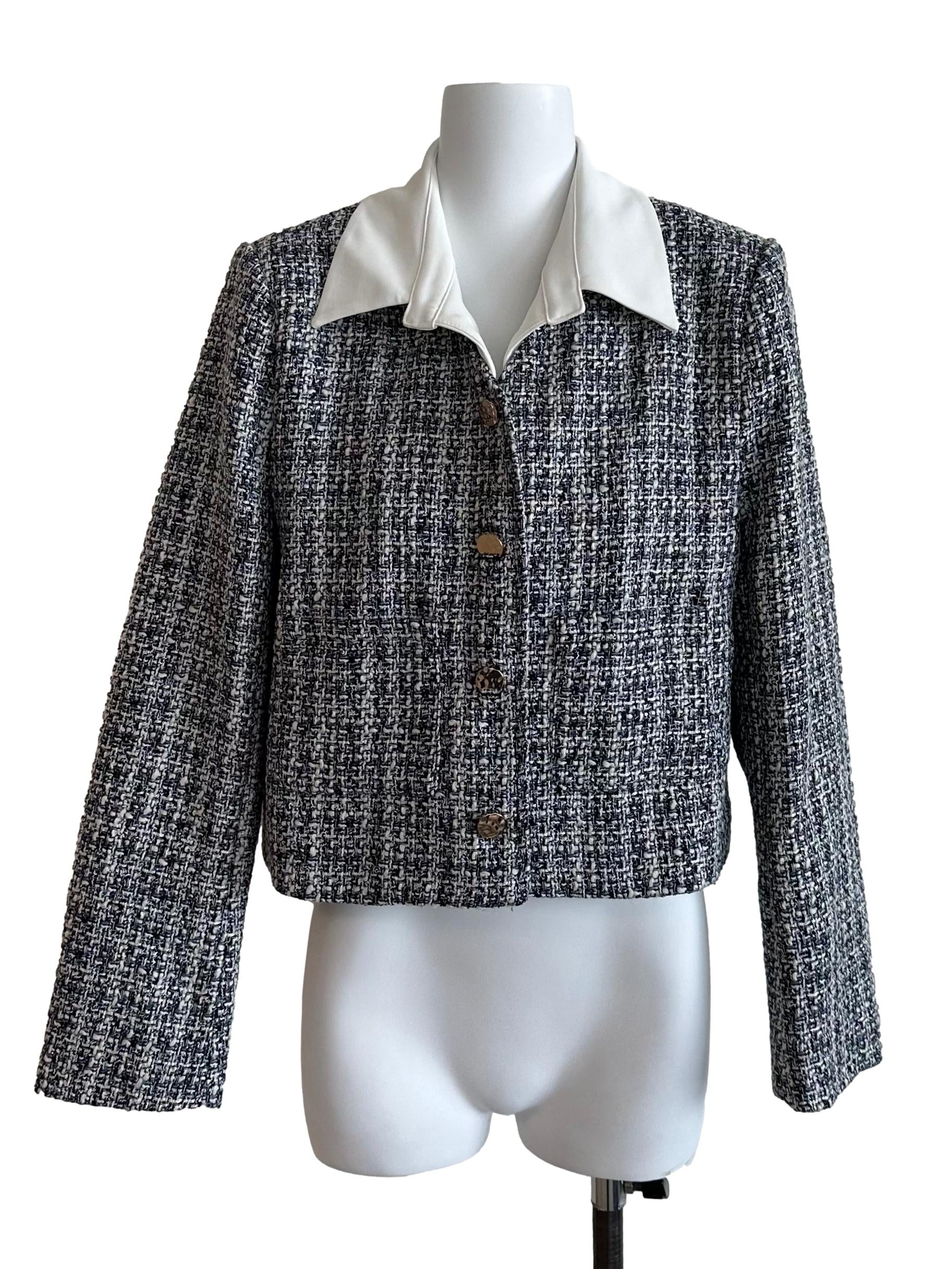 Dark Blue Tweed Textured Collar Jacket