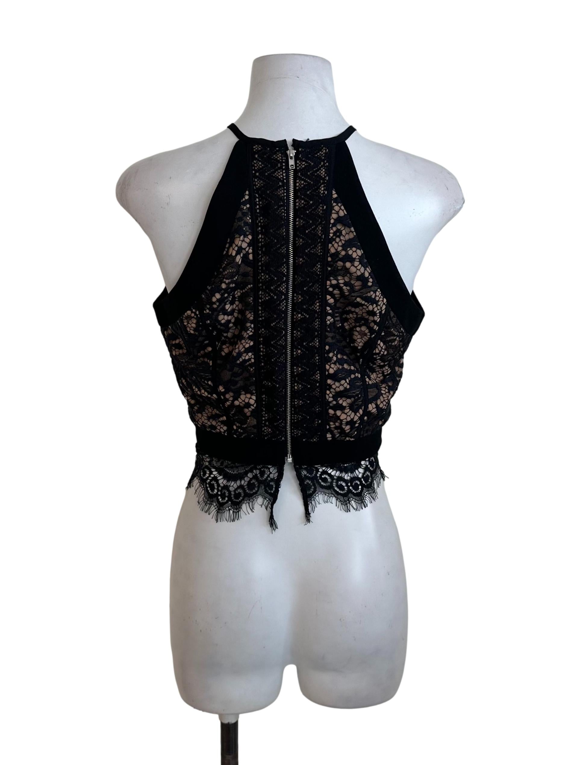 Black Beige Lace Halter Top