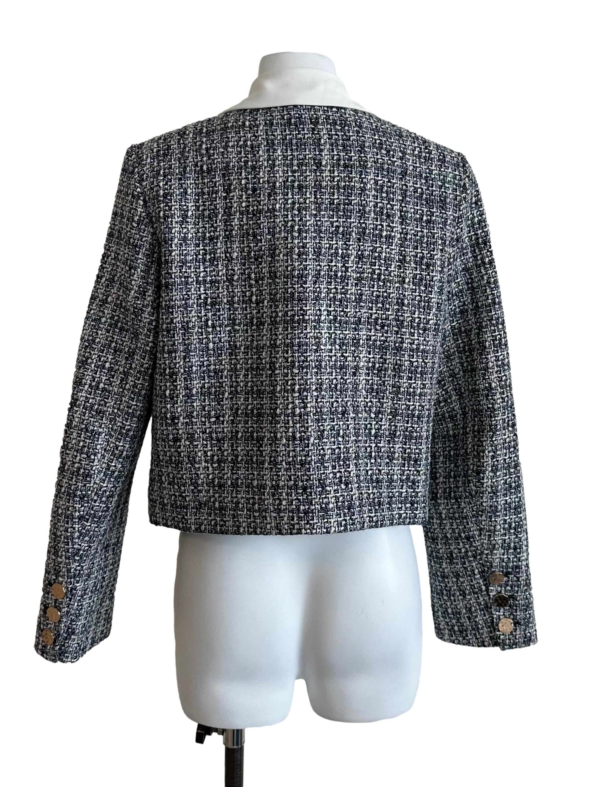 Dark Blue Tweed Textured Collar Jacket