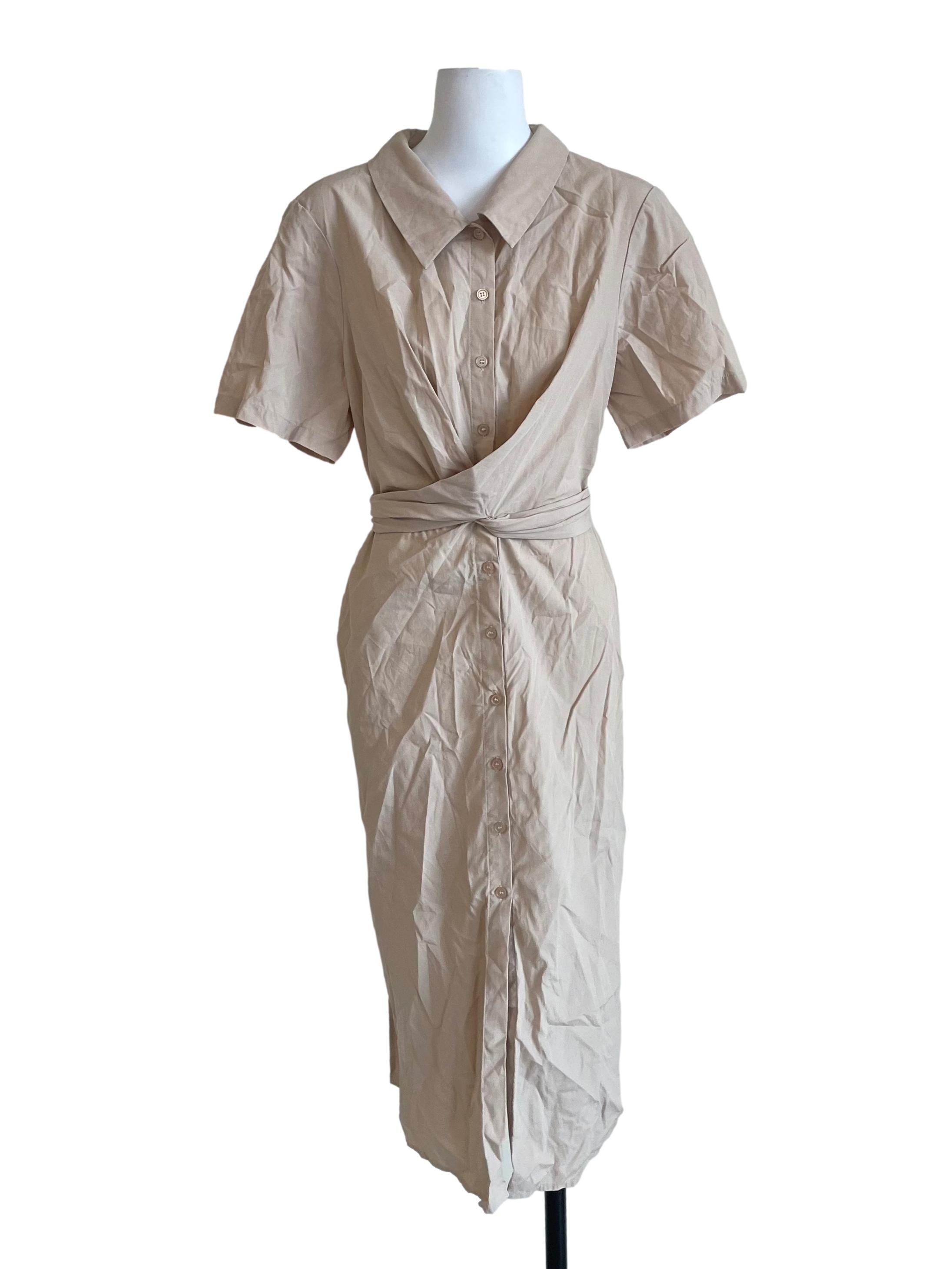 Linen Beige Tie Back Shirt Dress