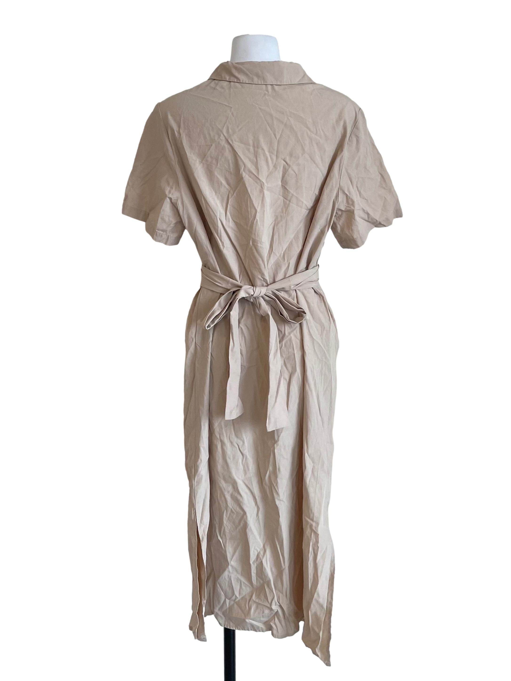 Linen Beige Tie Back Shirt Dress