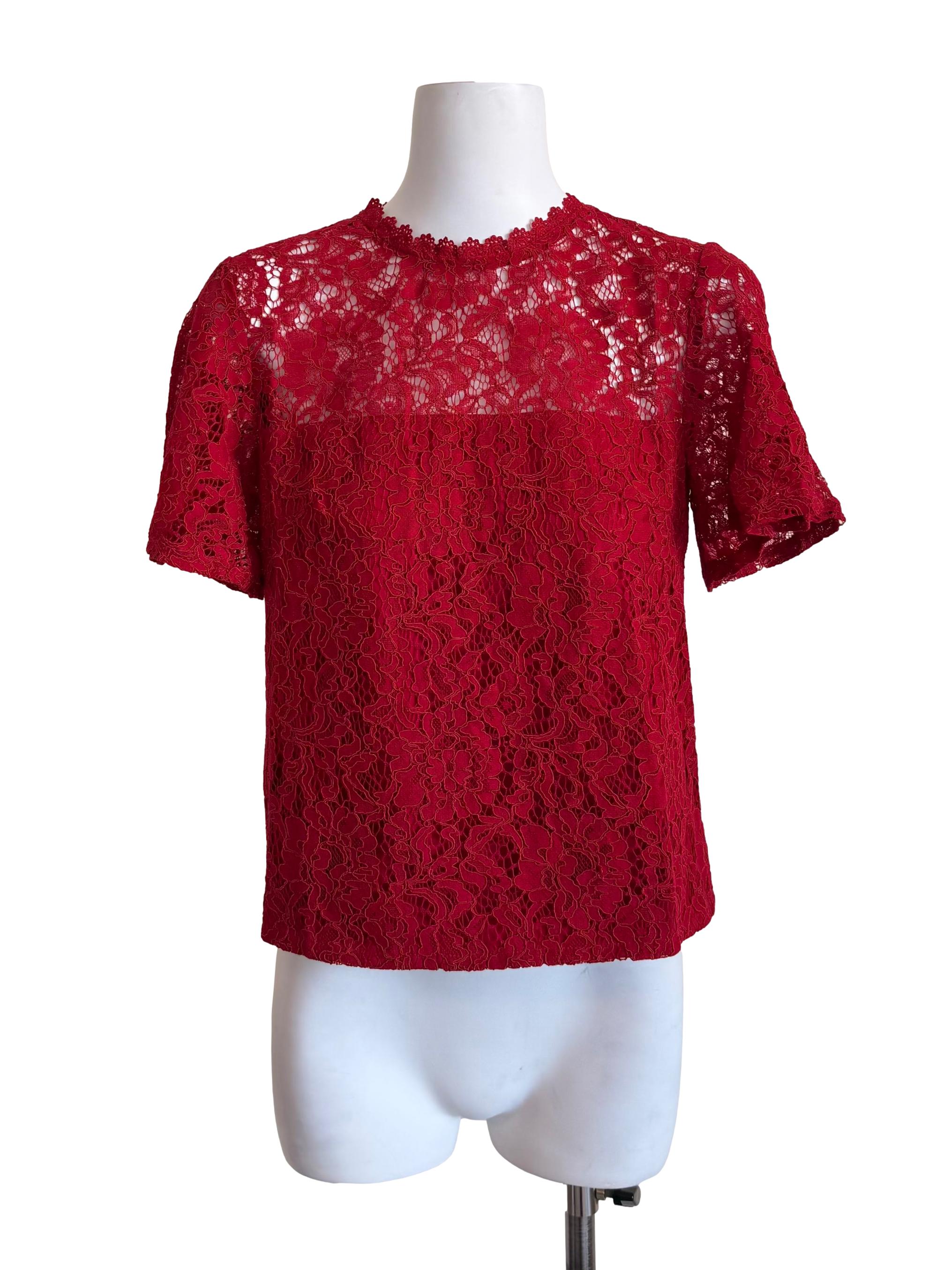 Red Floral Lace Short Sleeve Top