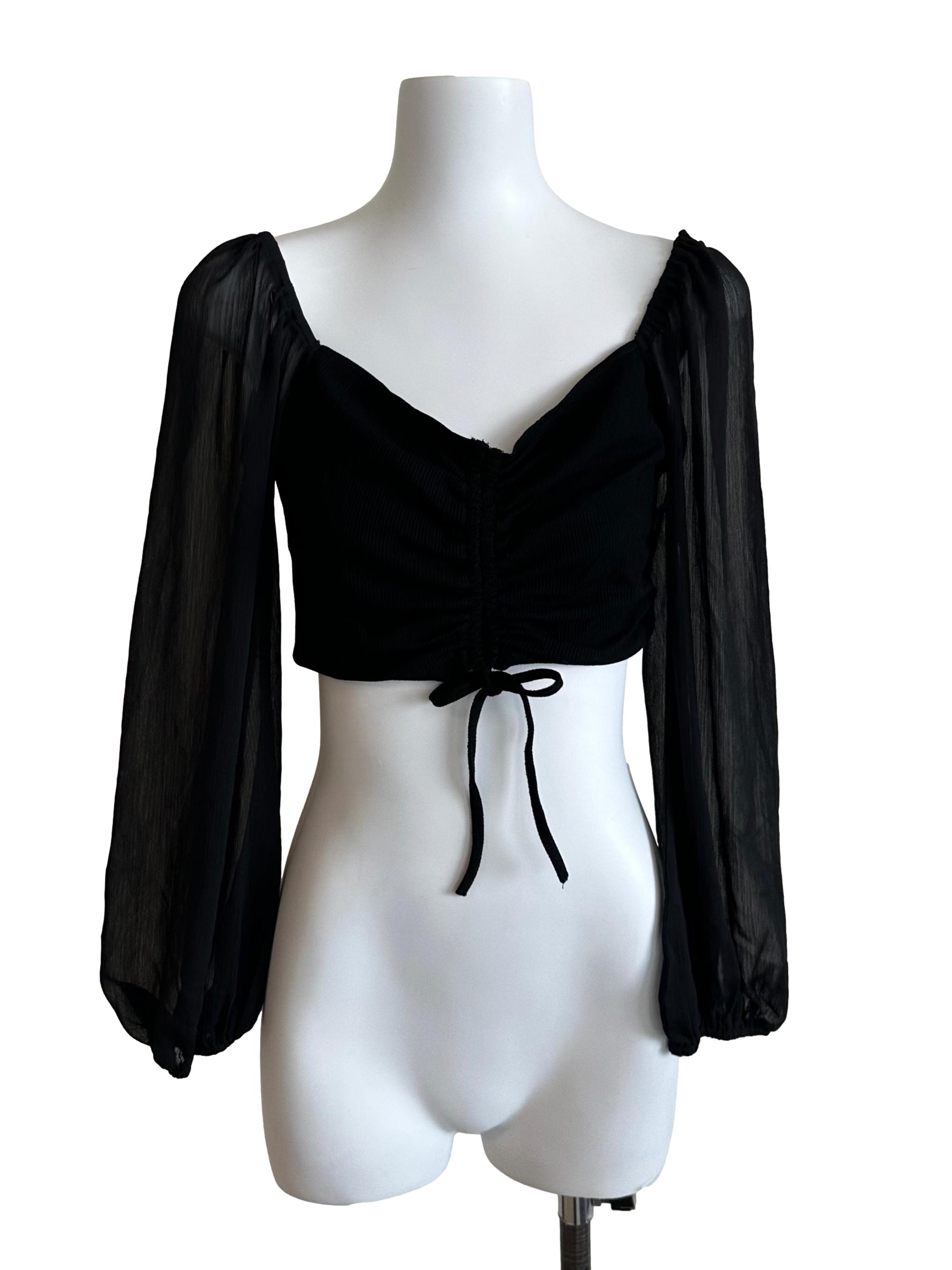 Raven Black Front Tie Chiffon Long Sleeve Top
