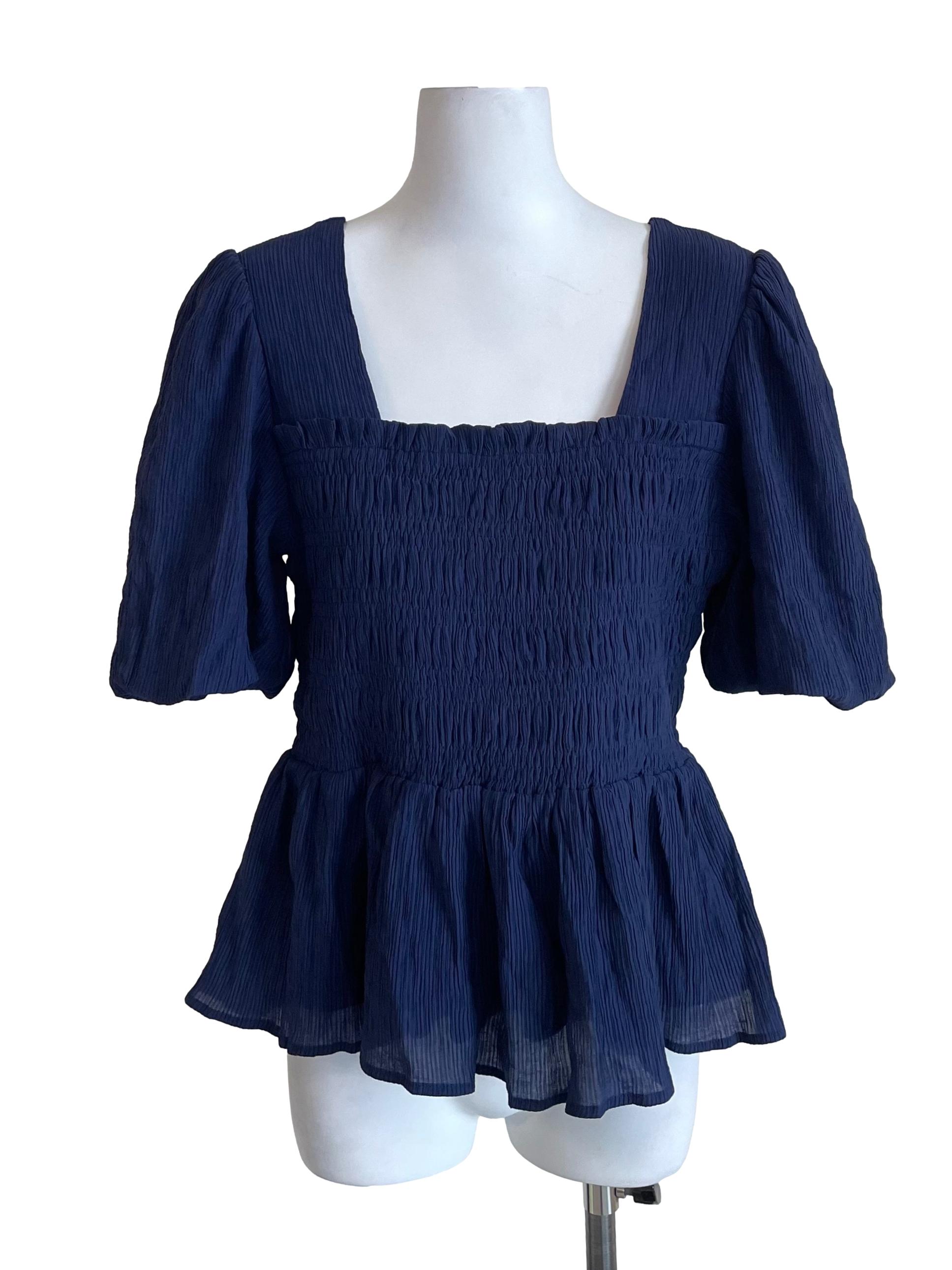 Navy Shirred Peplum Top