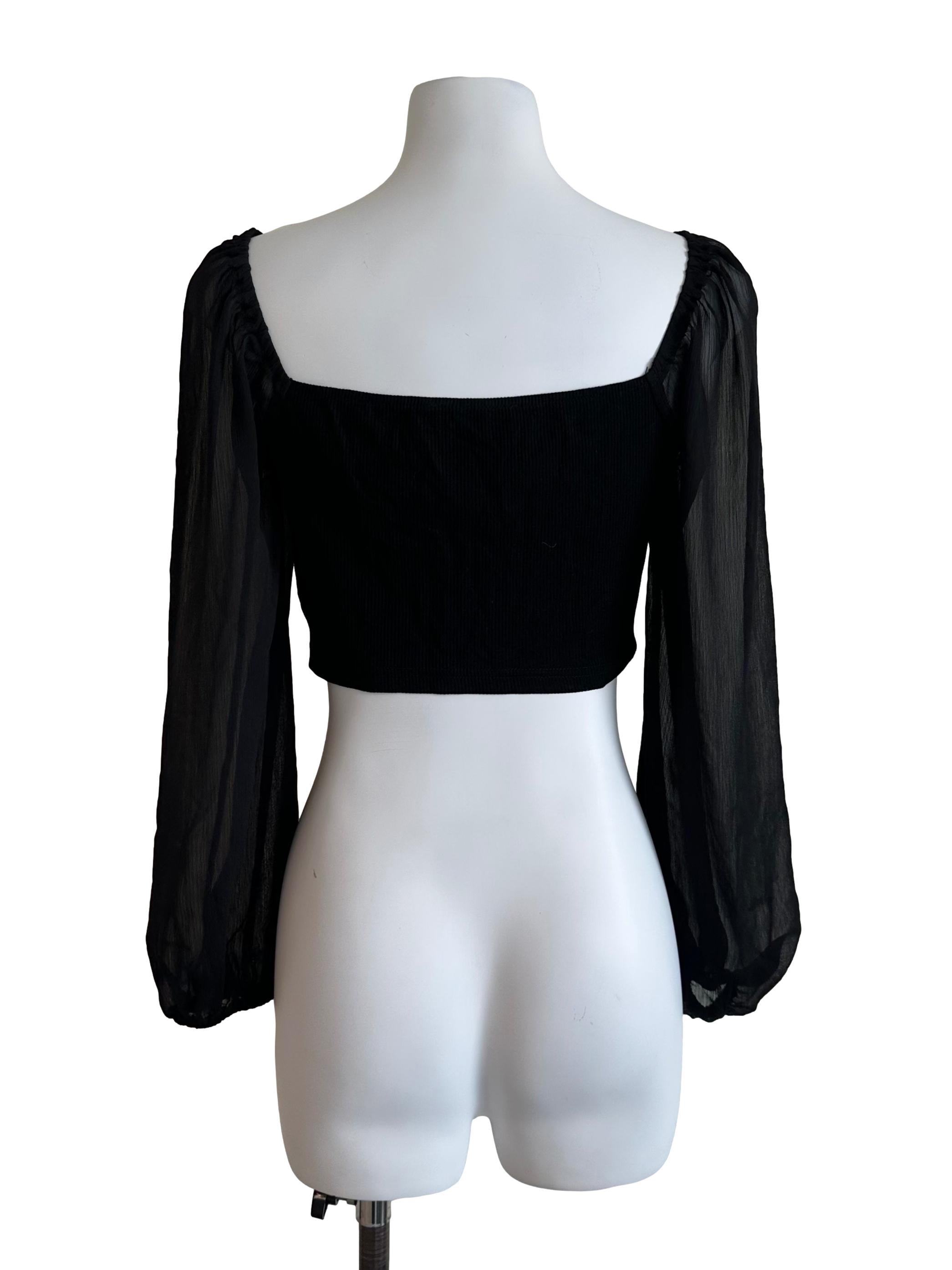 Raven Black Front Tie Chiffon Long Sleeve Top