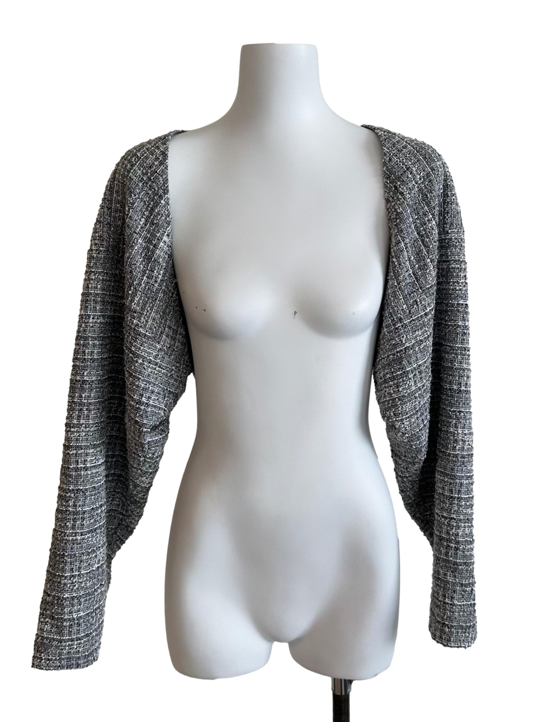 Ash Blue Tweed Textured Front Open Crop Cardigan