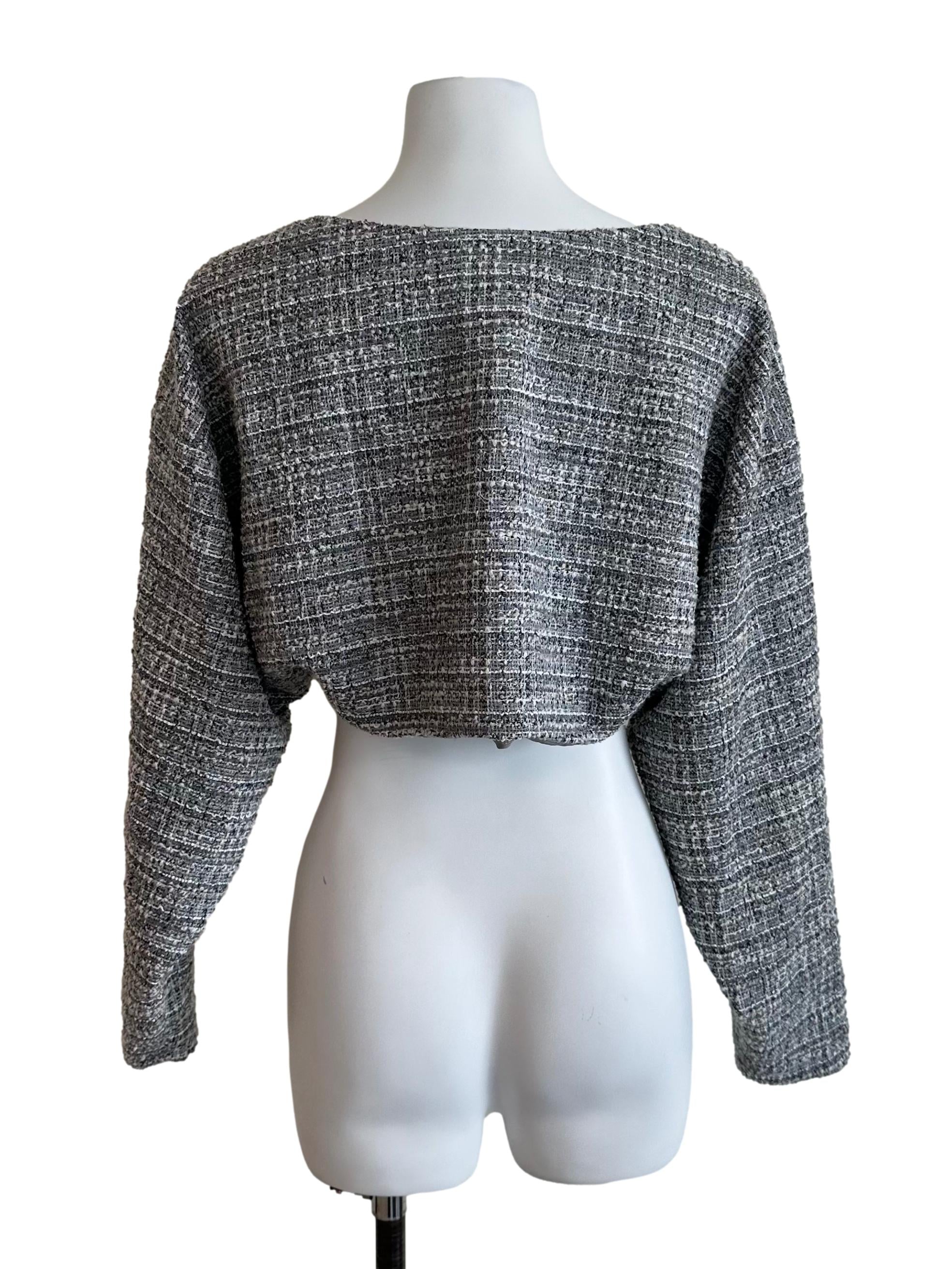 Ash Blue Tweed Textured Front Open Crop Cardigan