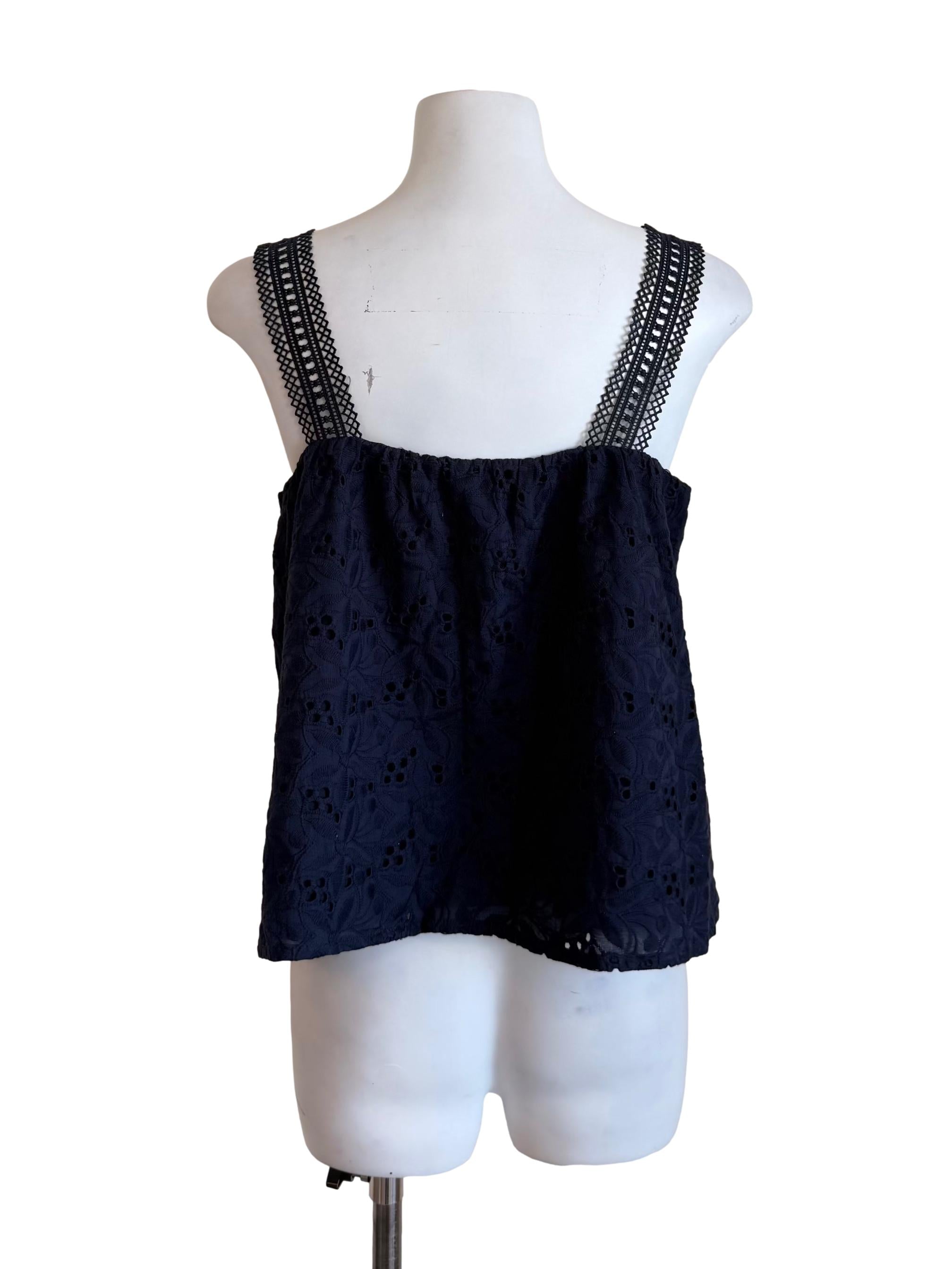 Navy Hollow Lace Straps Top