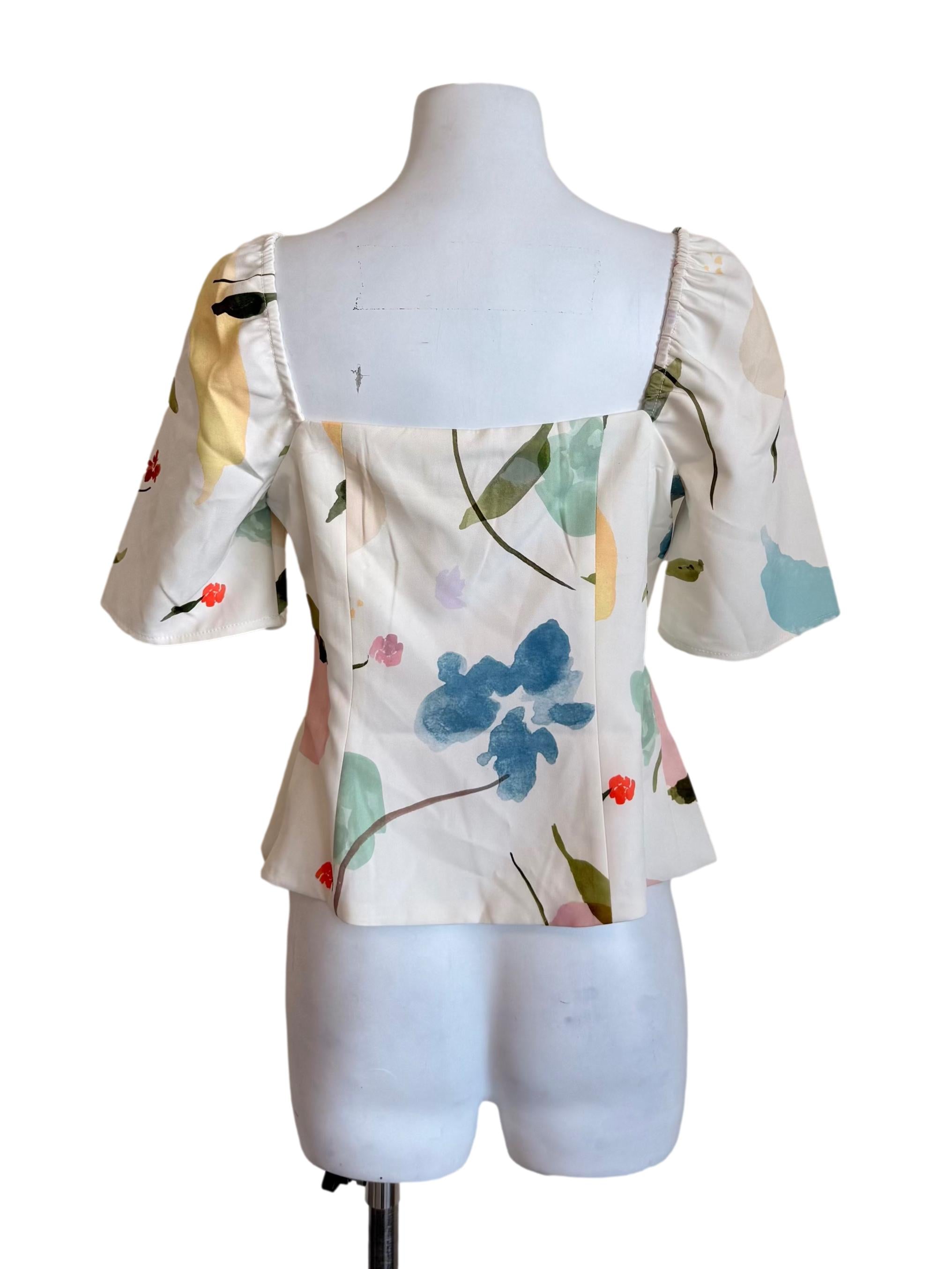 White Floral Pattern Square Neck Top