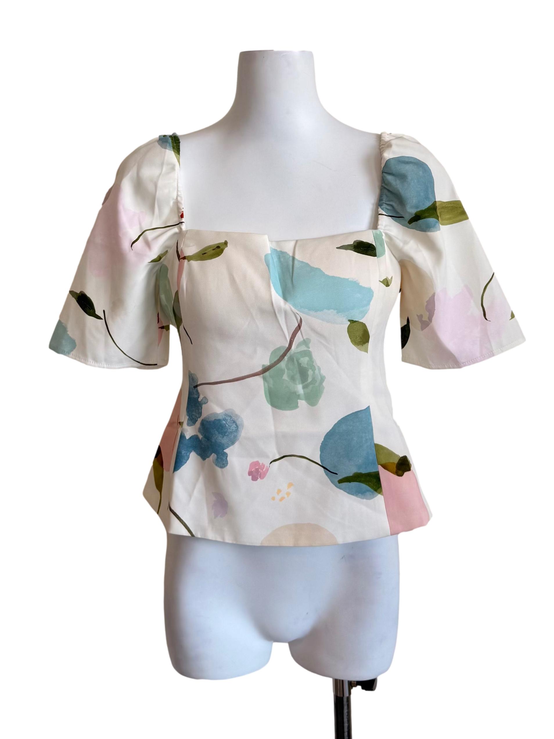 White Floral Pattern Square Neck Top