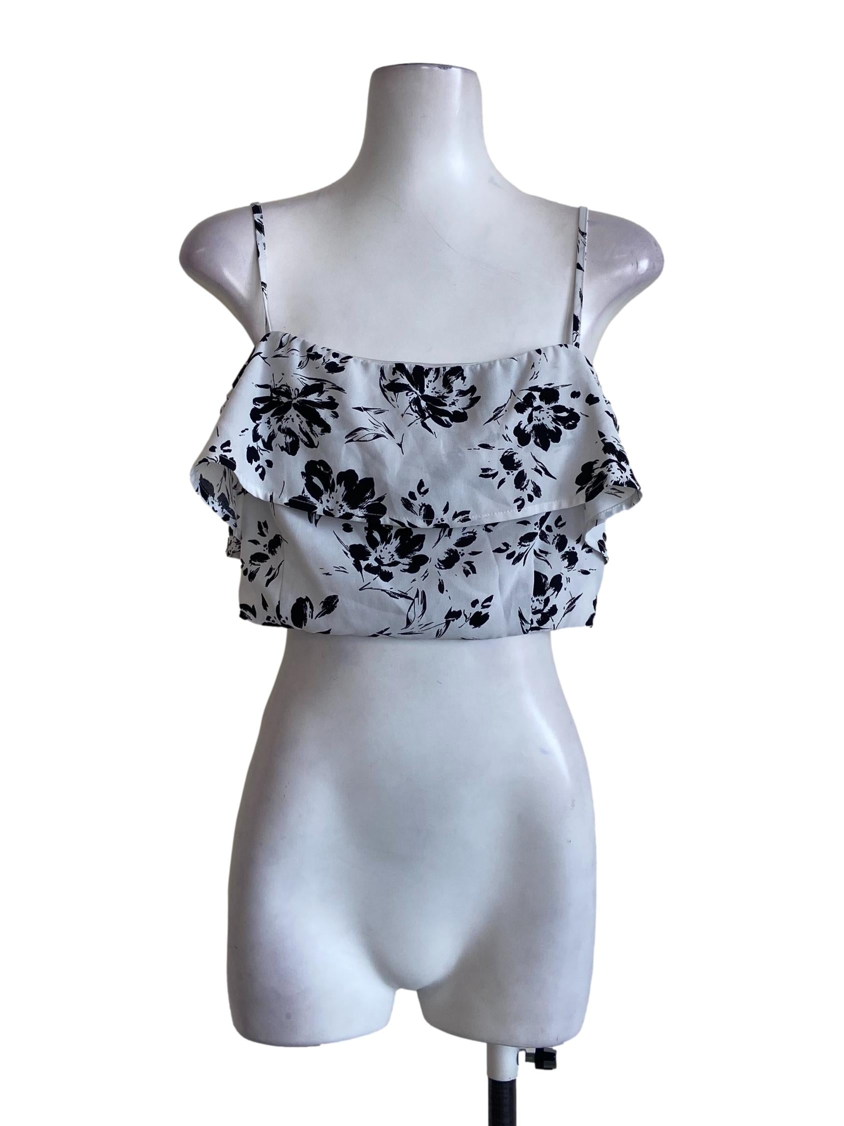 White & Black Floral Sleeveless Crop Top