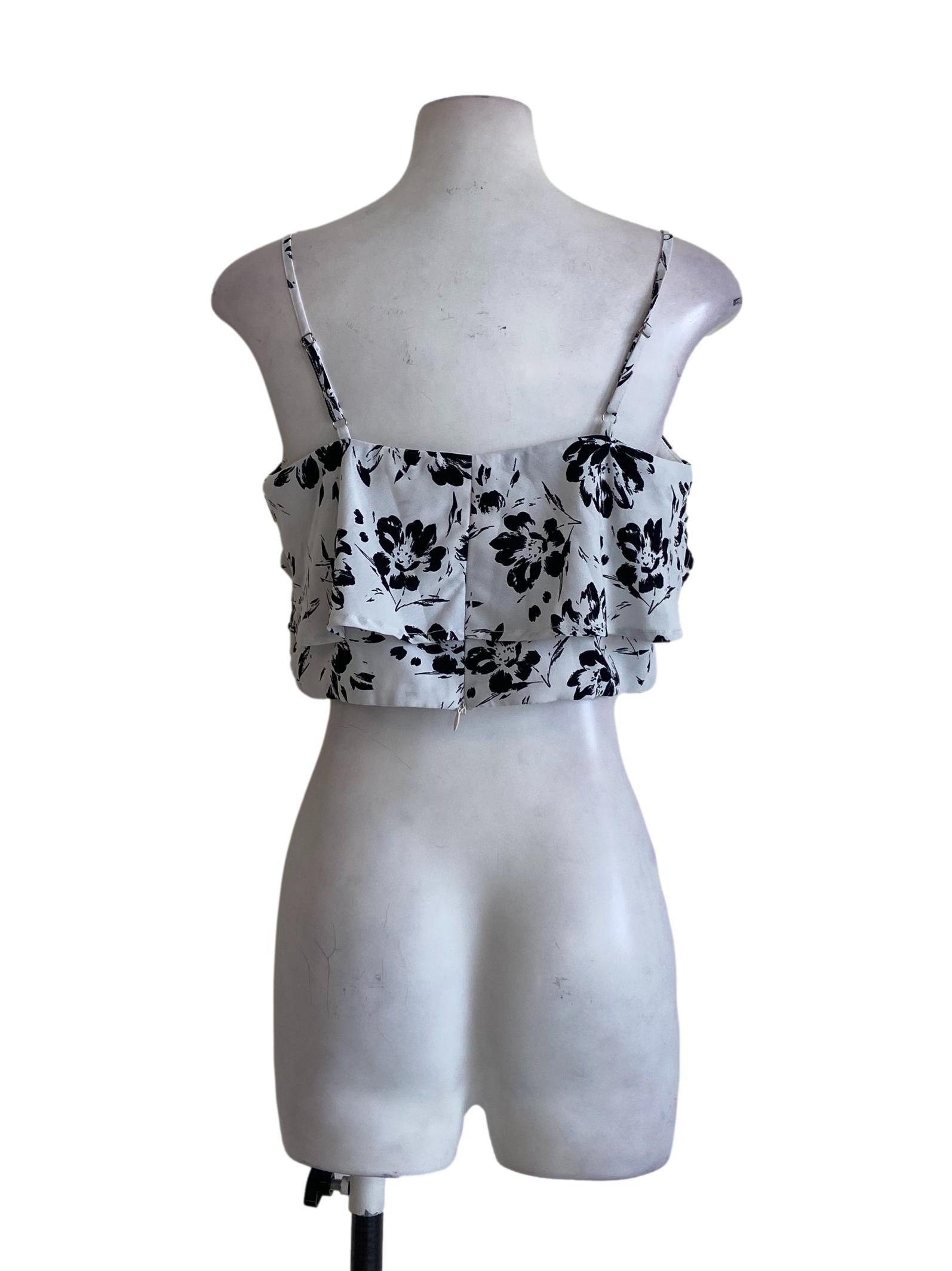White & Black Floral Sleeveless Crop Top