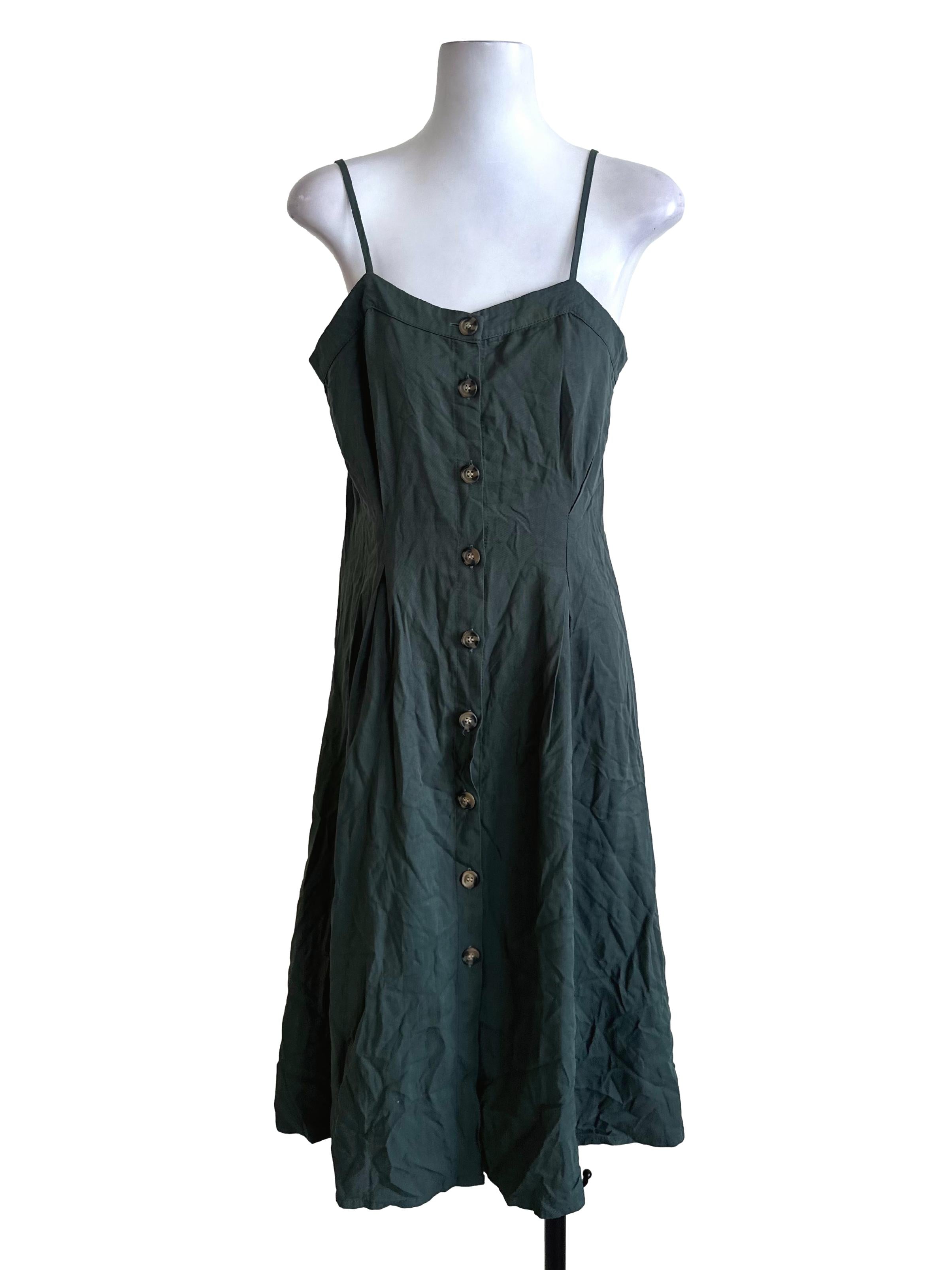Forest Green Button Spaghetti Strap Dress TEM