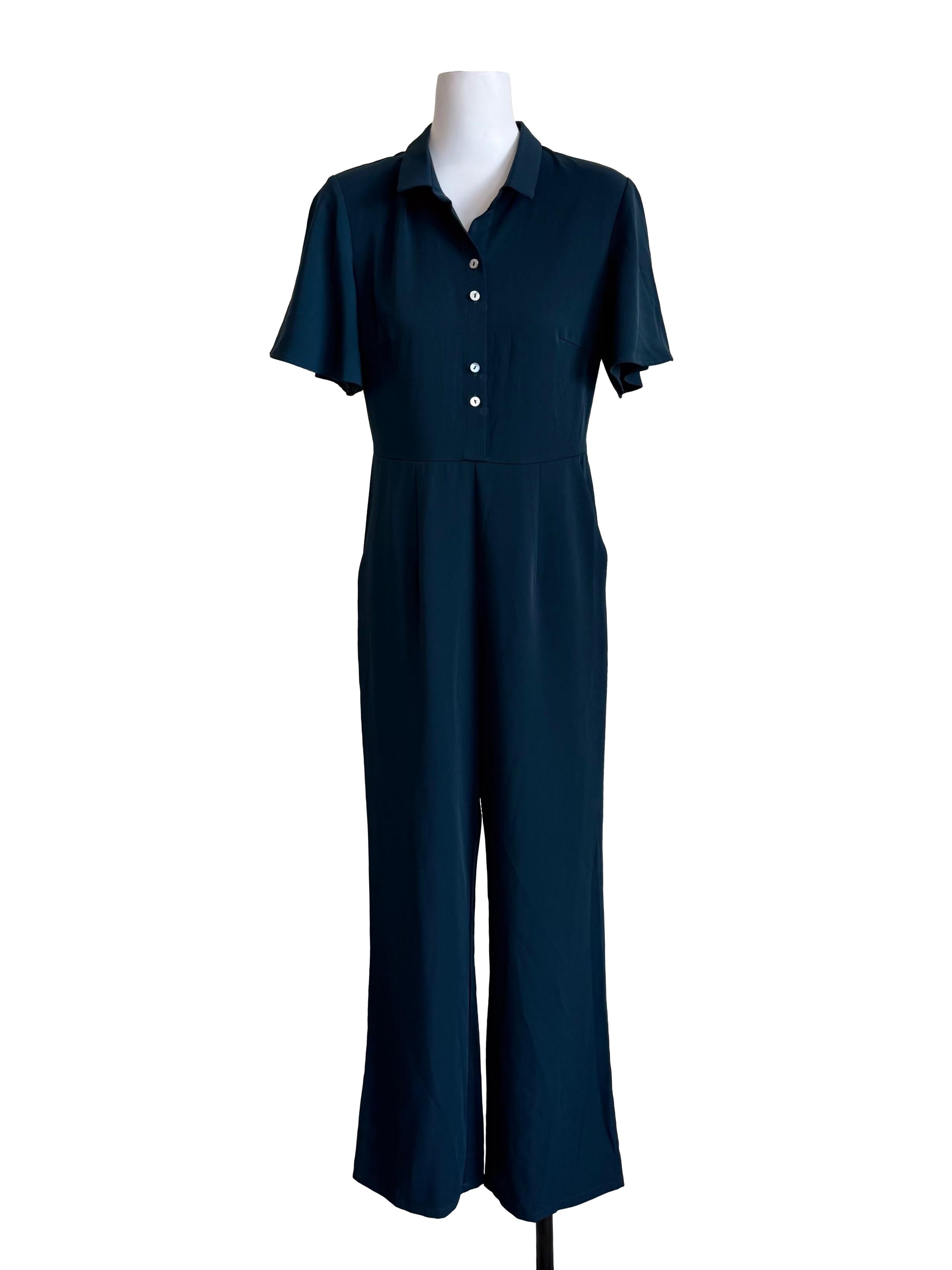 Navy Blue Short Sleeves Shirt Jumpsuit