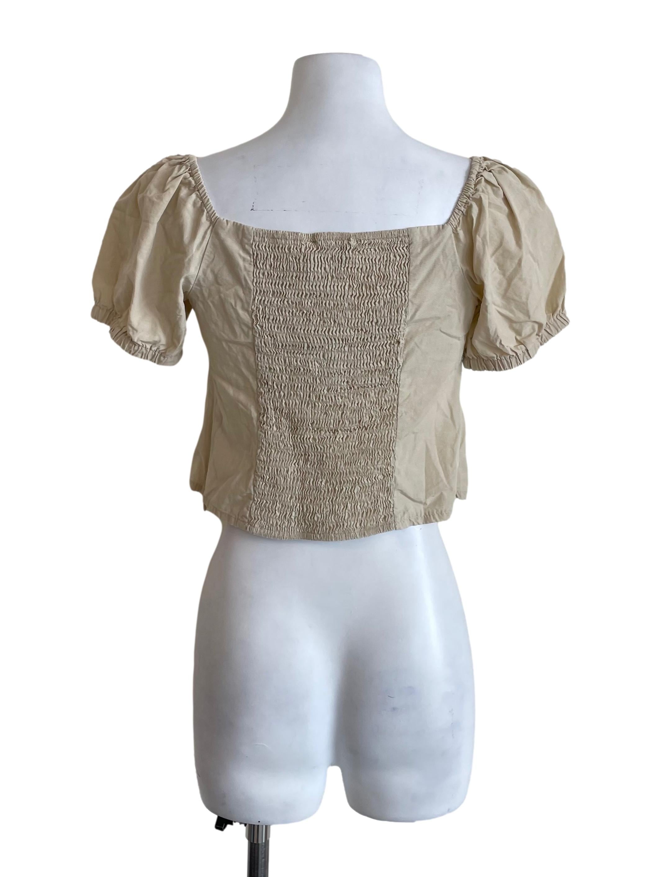 Linen Puff Sleeves Peasant Crop Top